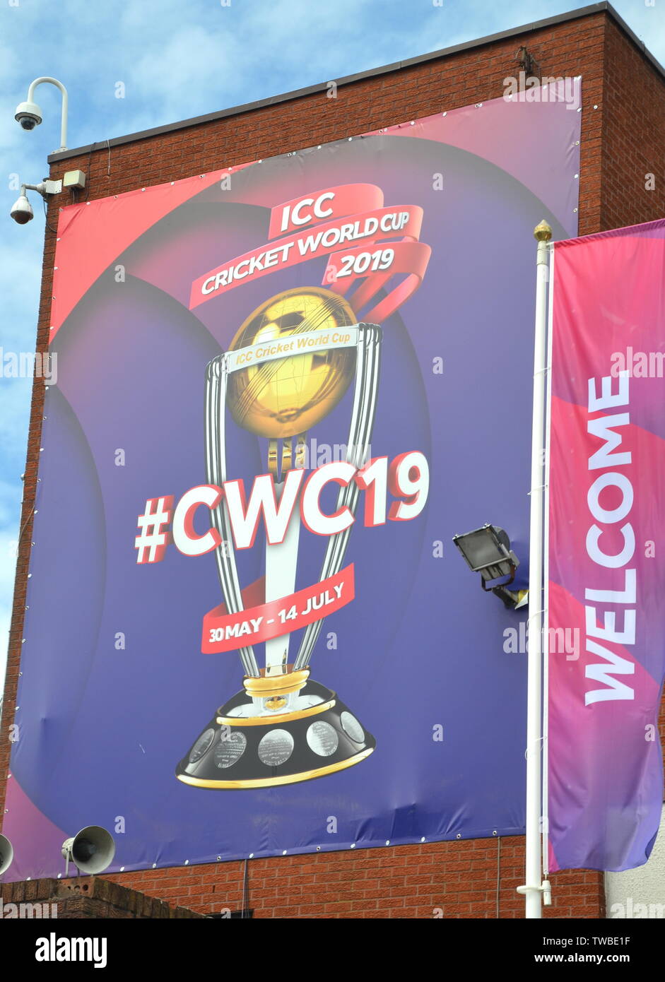 Signage for the ICC Cricket World Cup 2019 at Lancashire Cricket Club, Old Trafford, Manchester. The 2019  International Cricket Council (ICC) Cricket World Cup is being hosted by England and Wales from May 30th to July 14th, 2019. Six matches are being held at Old Trafford, Manchester, more than at any other venue. Stock Photo