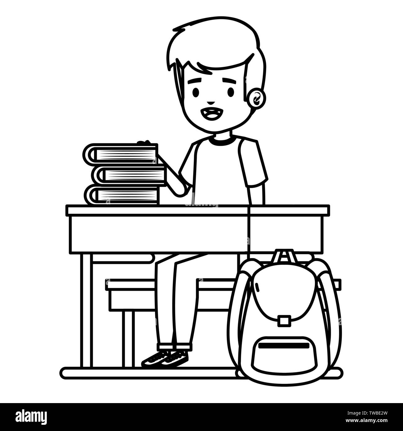 student boy seated in school desk with books and bag Stock Vector