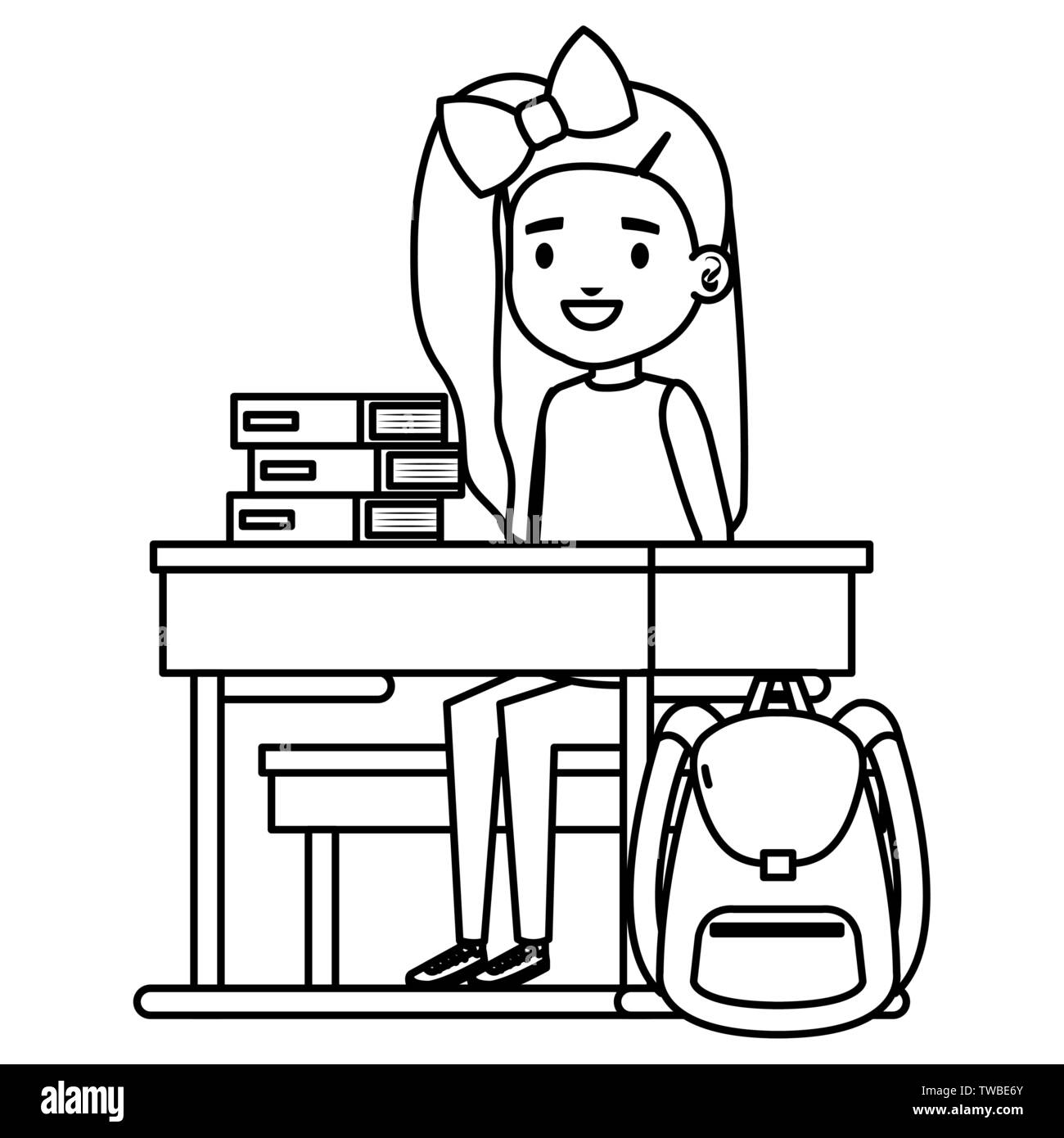 student girl seated in school desk with books and bag Stock Vector ...