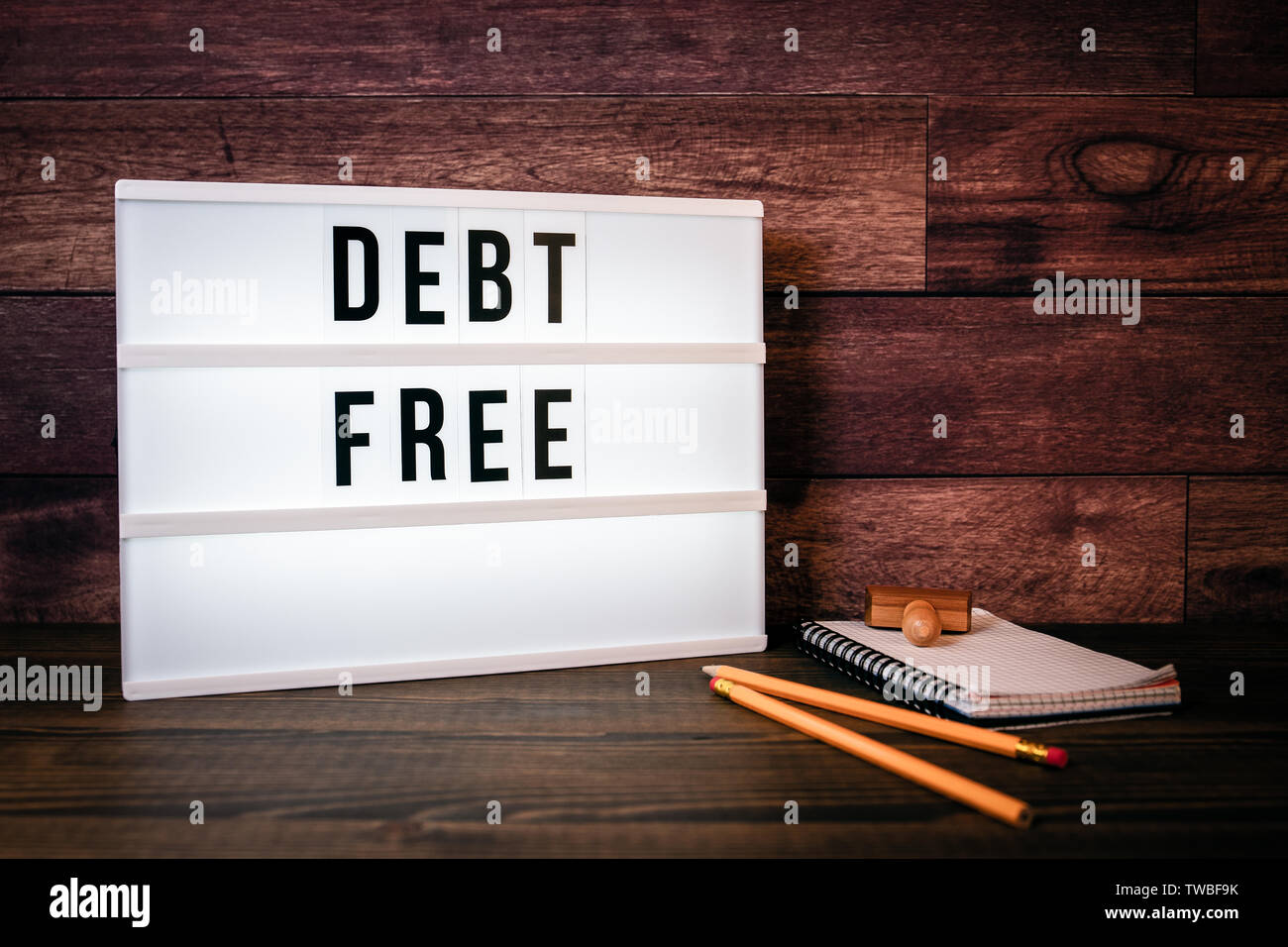 Debt Free. Text in lightbox Stock Photo