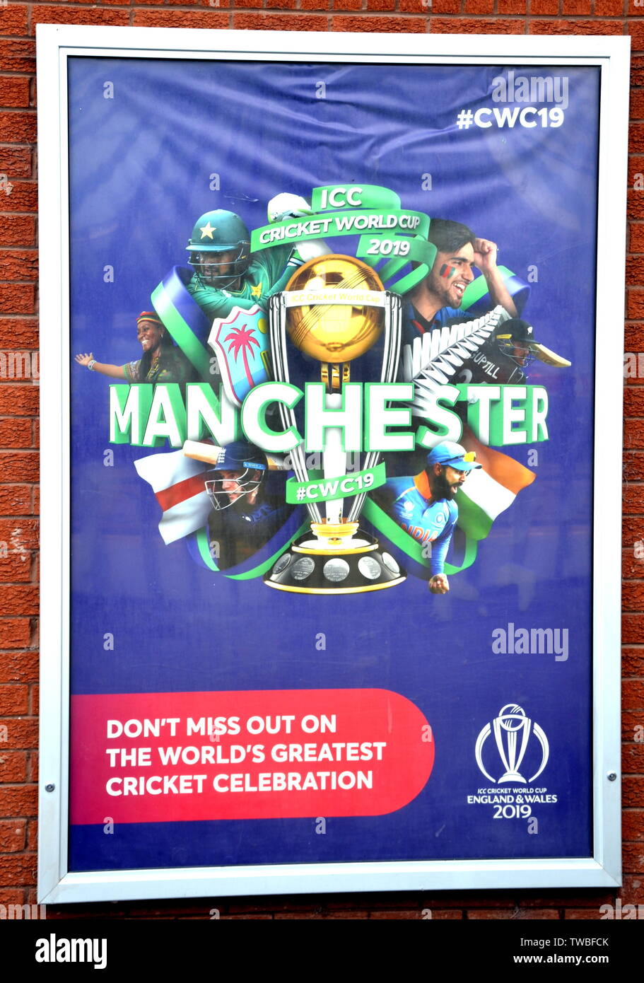 Signage for the ICC Cricket World Cup 2019 at Lancashire Cricket Club, Old Trafford, Manchester. The 2019  International Cricket Council (ICC) Cricket World Cup is being hosted by England and Wales from May 30th to July 14th, 2019. Six matches are being held at Old Trafford, Manchester, more than at any other venue. Stock Photo