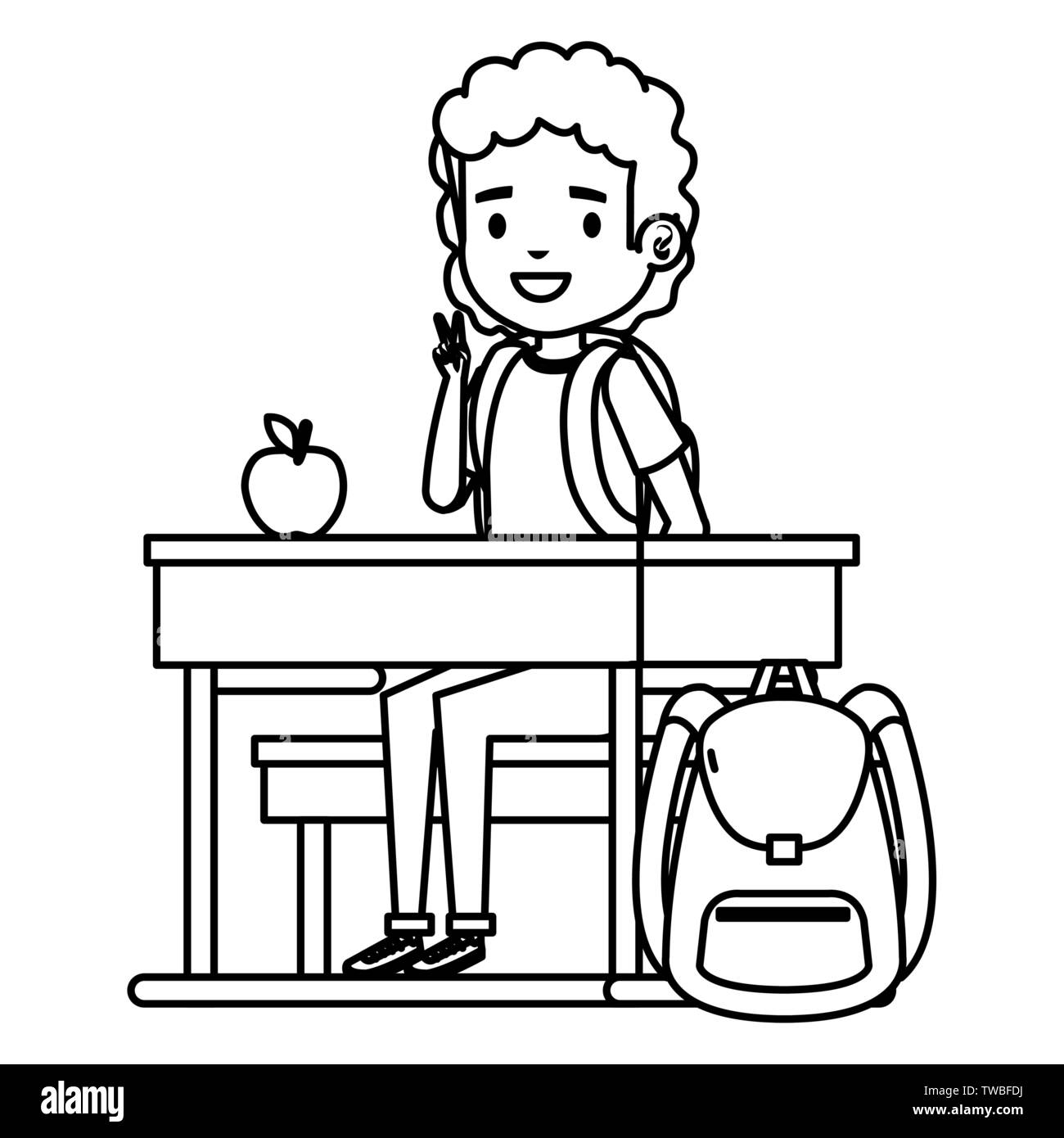 student boy seated in school desk with apple and bag Stock Vector