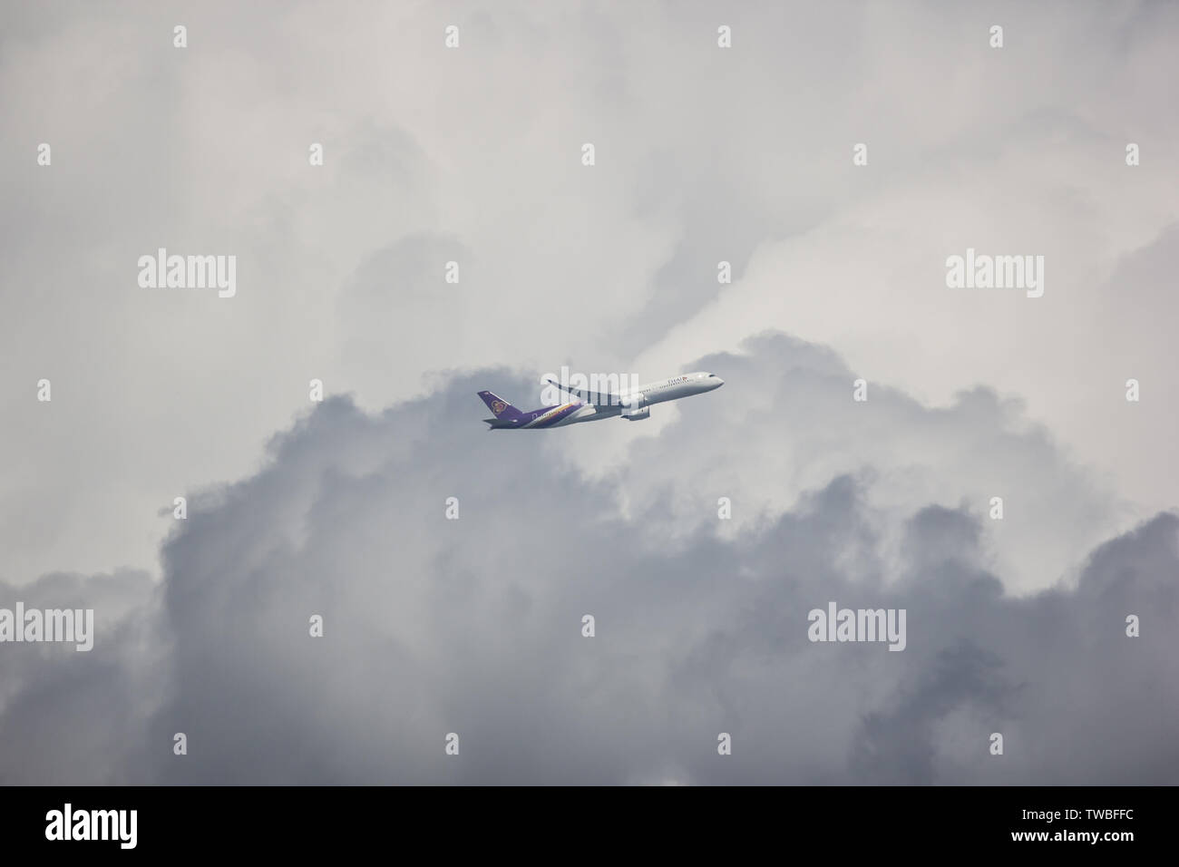 Chiangmai, Thailand - June 9 2019:  HS-THG Airbus A350-900 of Thaiairway TG105. Take off from Chiangmai airport to Bangkok. Stock Photo