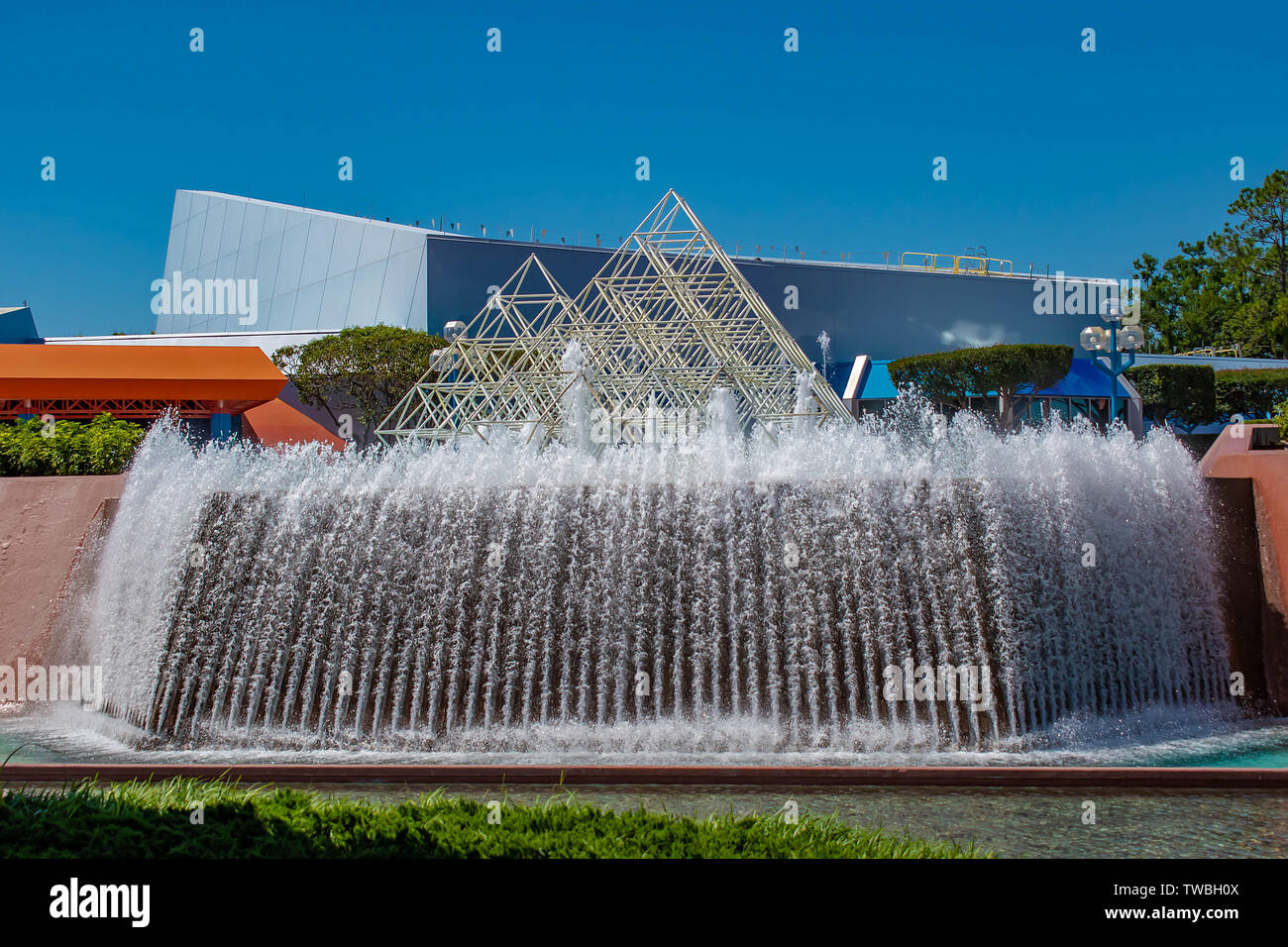 Orlando, Florida. May 24, 2019. Beautiful fountain and metal pyramids ...