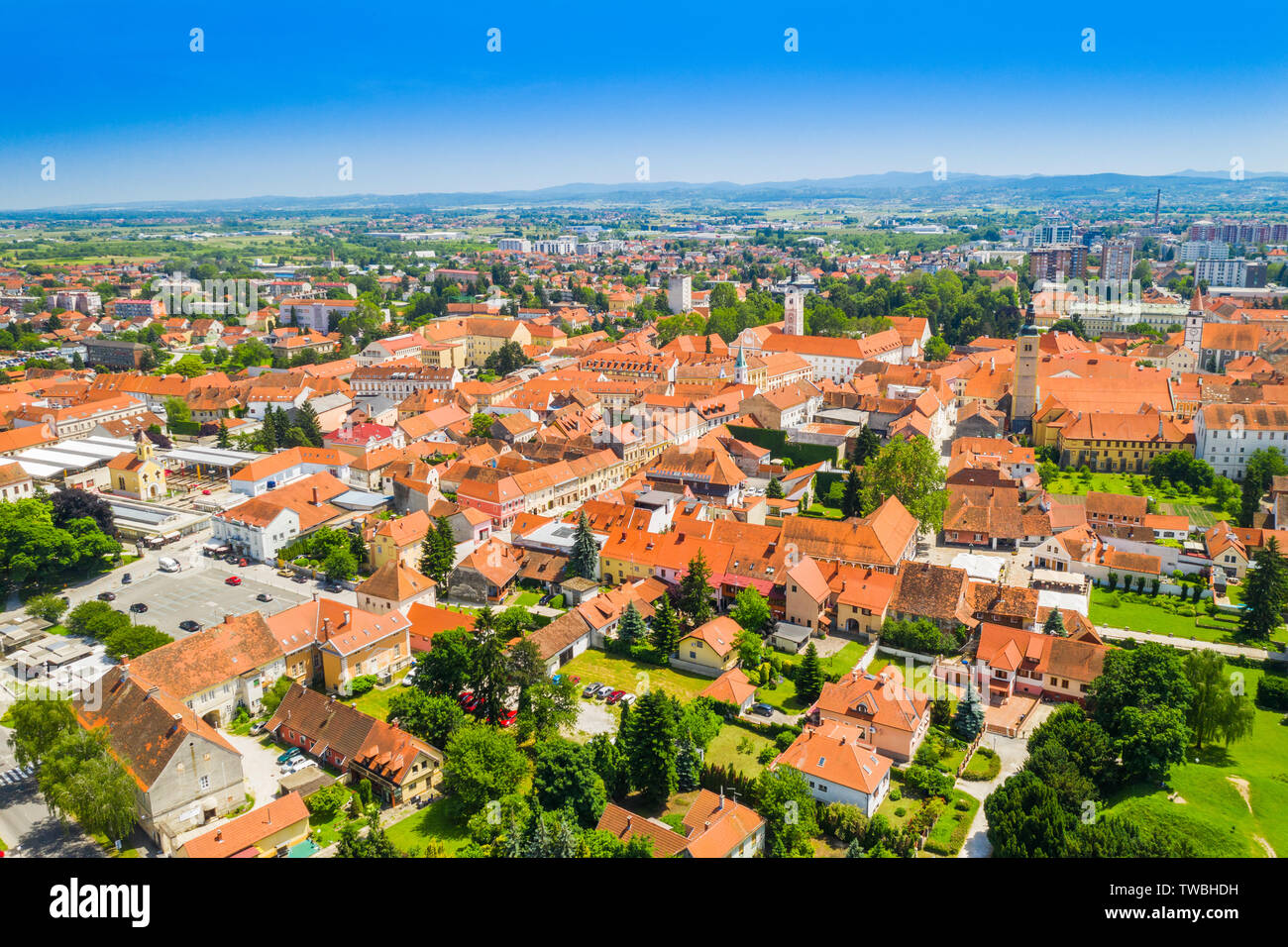 Aerial view of city of Varazdin, Croatia, beautiful baroque center