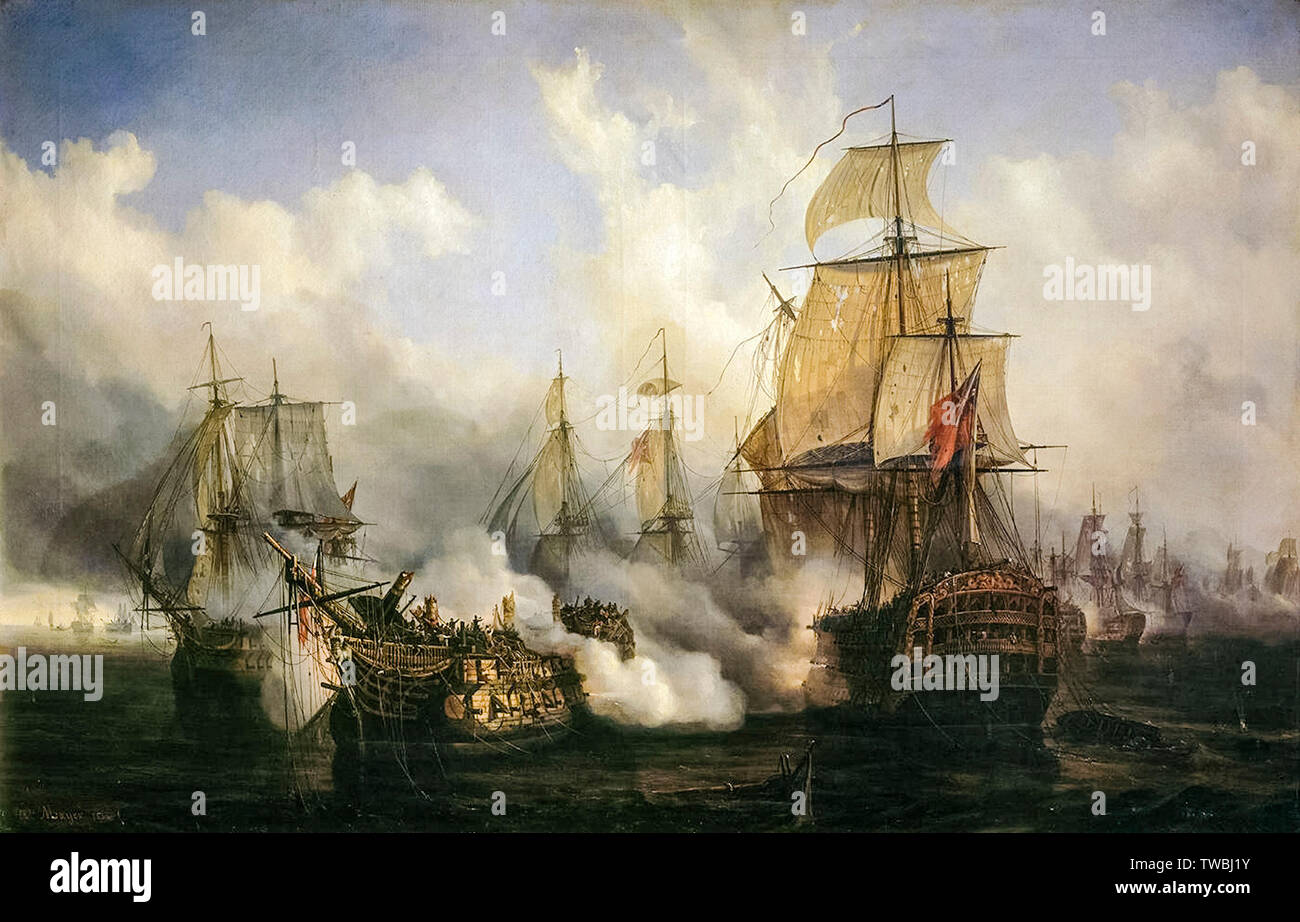 Untitled scene from the Battle of Trafalgar, showing ships, Bucentaure, Temeraire and Redoutable, painting, 1836 Stock Photo