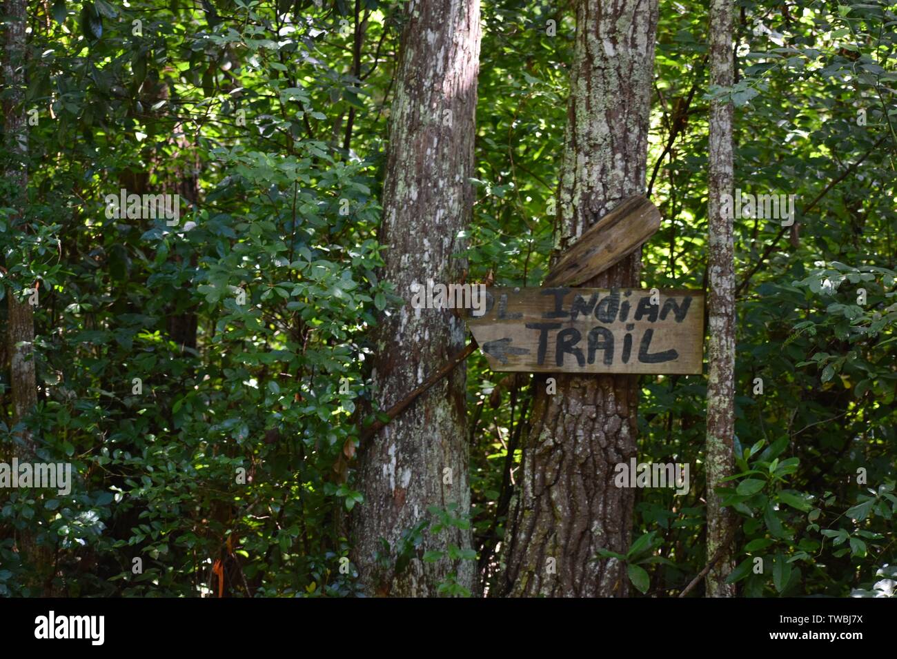 An old sign leads travelers down the Indian Trail in a south