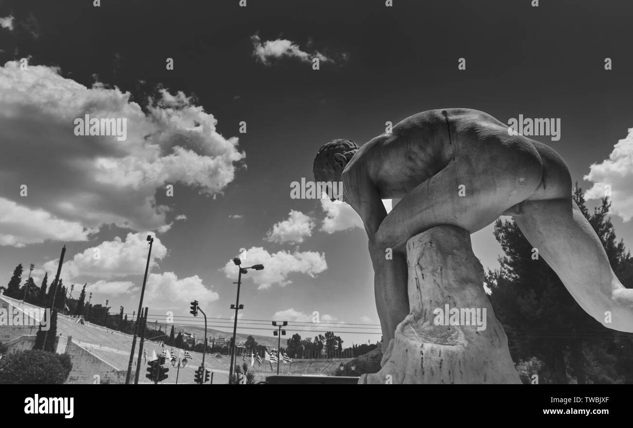 Statue in front of the Panathenaic Stadium - structure was restored in the 19th century for the first modern version of the Olympics Games Stock Photo