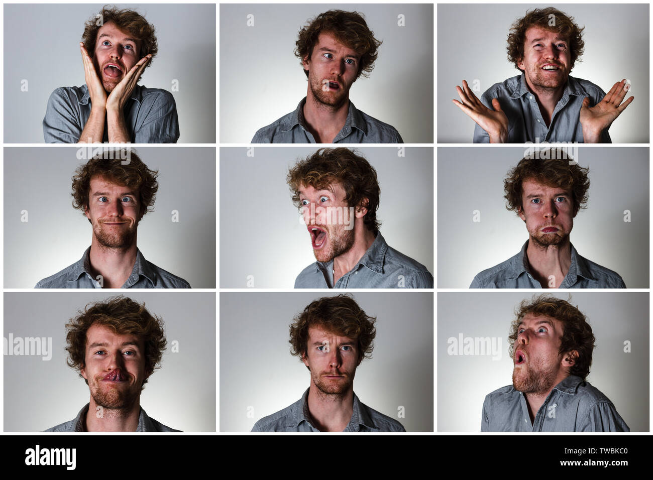 Expression chart of young man on gray background Stock Photo