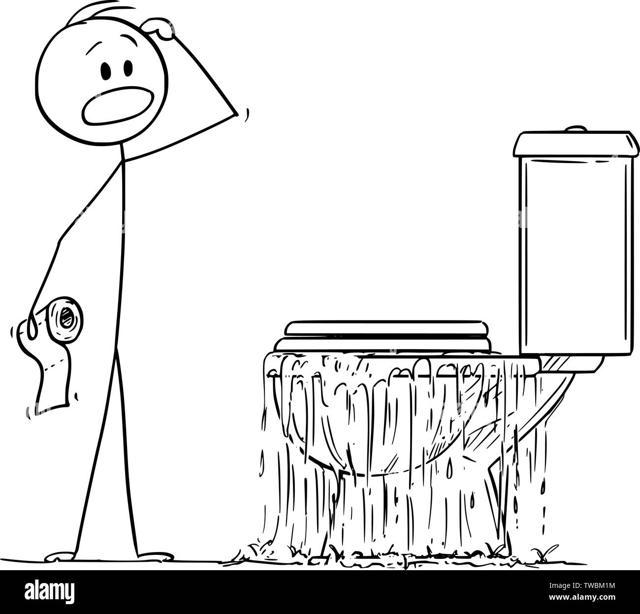 Vector cartoon stick figure drawing conceptual illustration of stressed man looking at overflowing toilet in bedroom and thinking what to do with the problem. Stock Vector