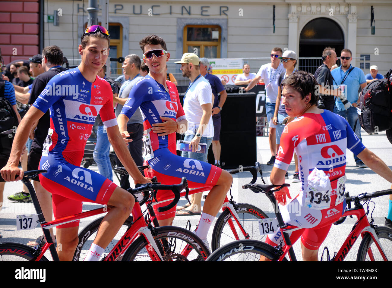 Ziga Groselj, Ziga Horvat and Aljaz Jarc of Team Adria Mobil laughing prior  to departure of Tour of Slovenia stage one race, Ljubljana, Slovenia - Jun  Stock Photo - Alamy