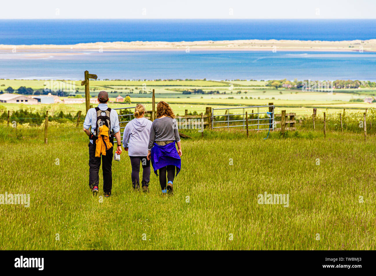 A family walking in the countryside near St Cuthbert's Cave at Holburn, Northumberland, UK. June 2019. Stock Photo
