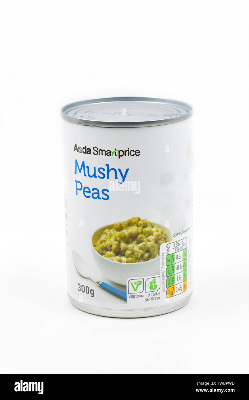 Asda Smart Price tinned mushy peas photographed on a white background. England UK GB Stock Photo