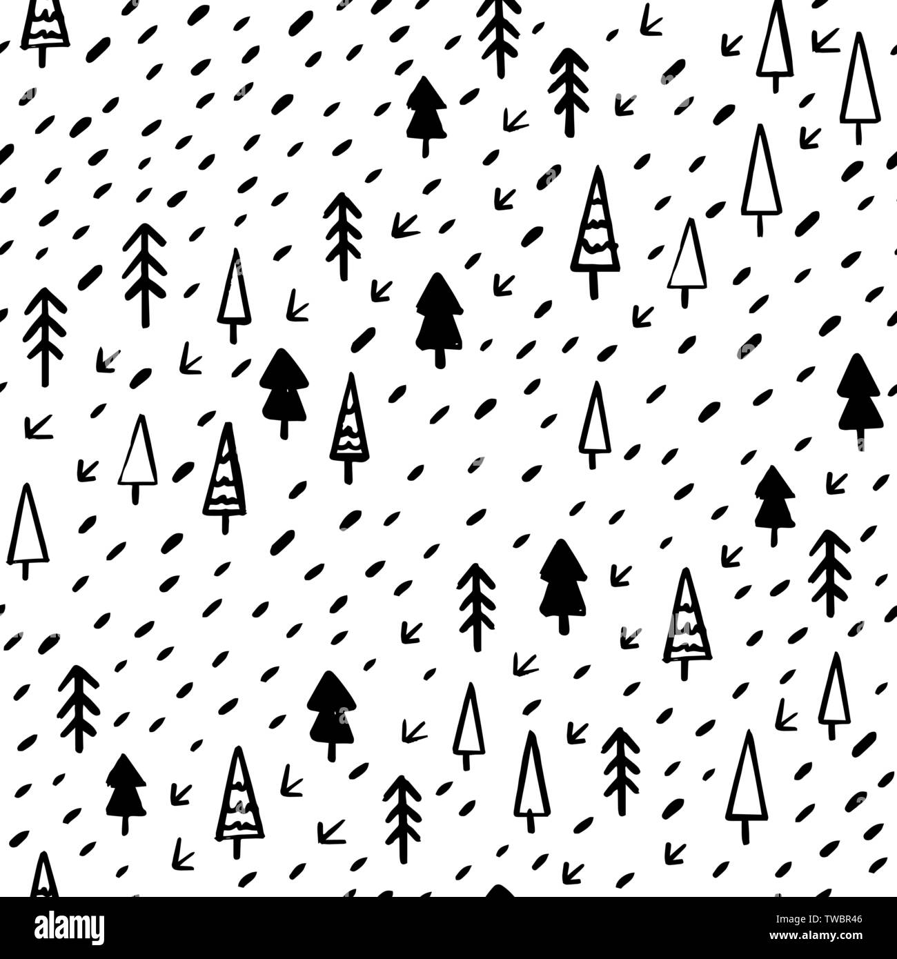 Hand Draw Christmas Tree Seamless Pattern in Doodle style. Vector ...