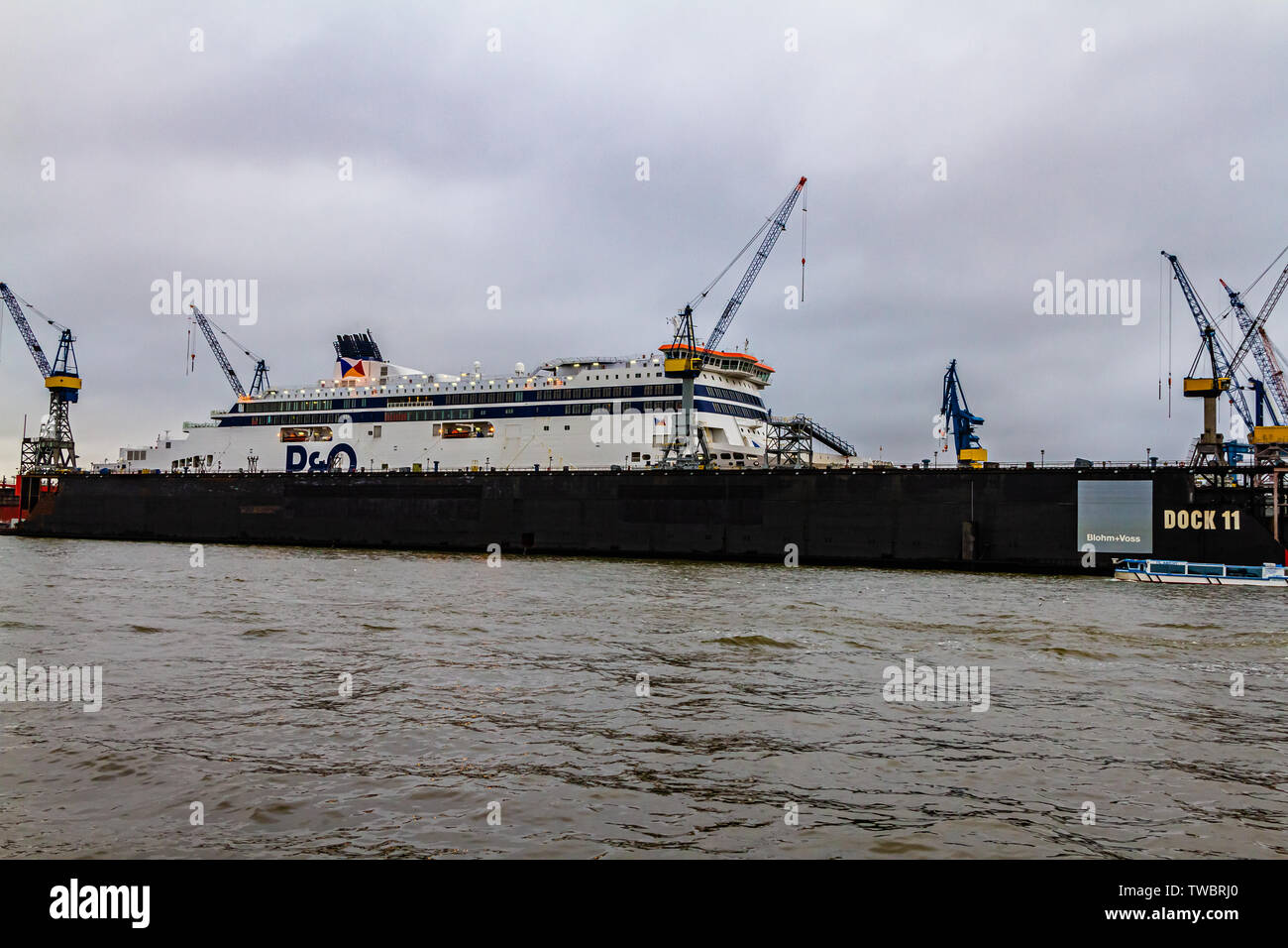 MS Spirit of Britain, a P&O flagship ferry, in dry dock for an annual maintenance overhaul at Blohm & Voss shipyard in Hamburg, Germany. January 2019. Stock Photo