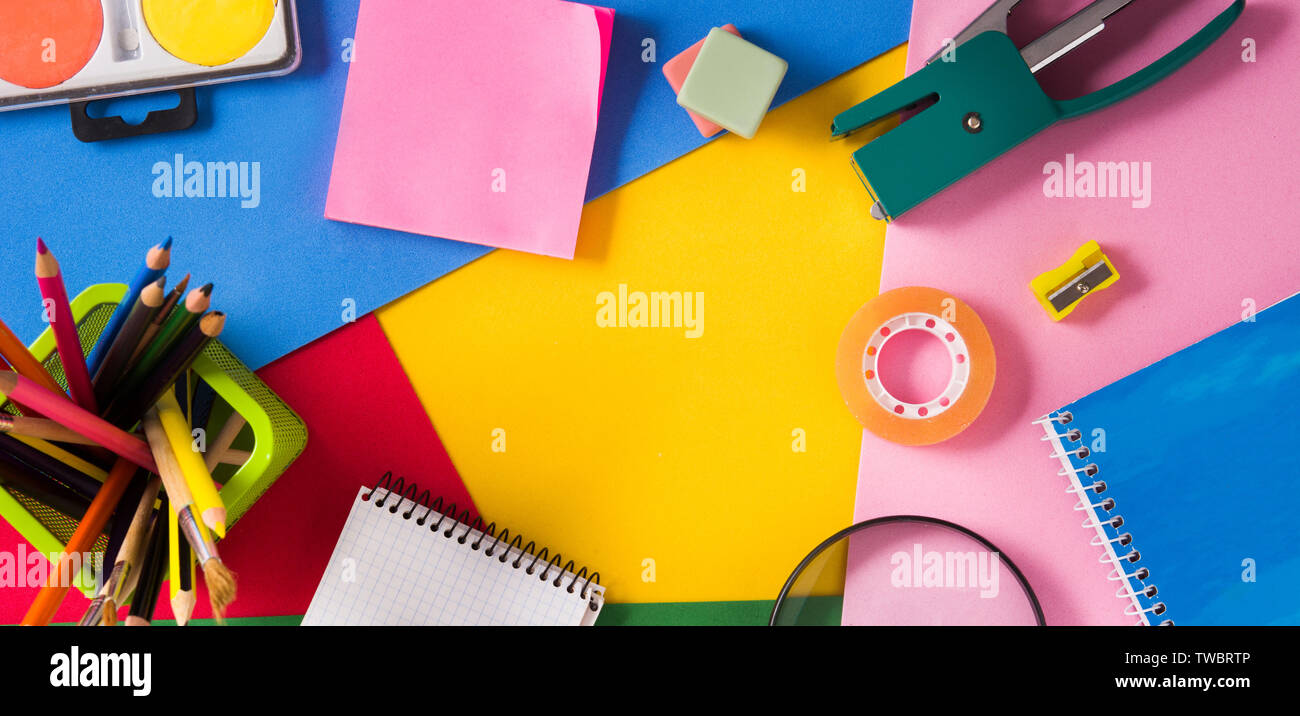 Assorted of school supplies. Back to school concept. Panoramic view