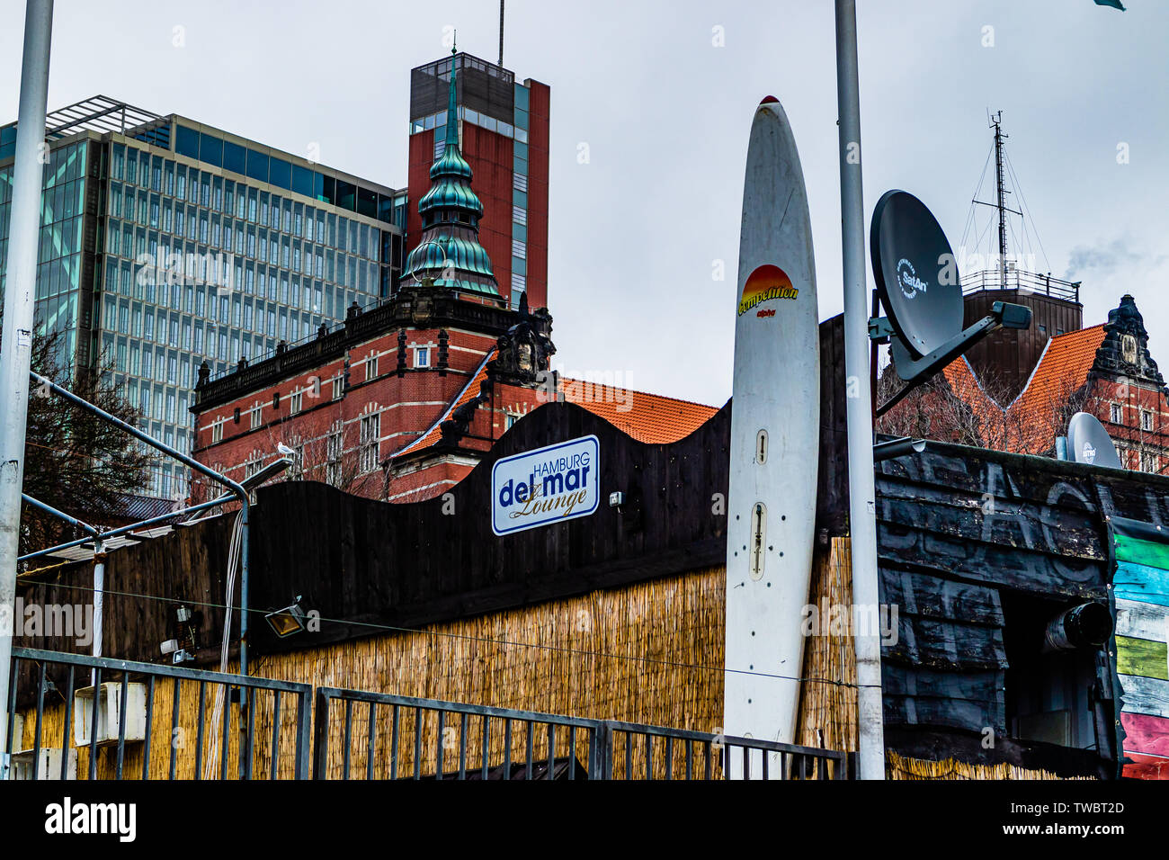 Beach bar closed for the winter on the quay of the River Elbe at St Pauli, Hamburg, Germany. January 2019. Stock Photo