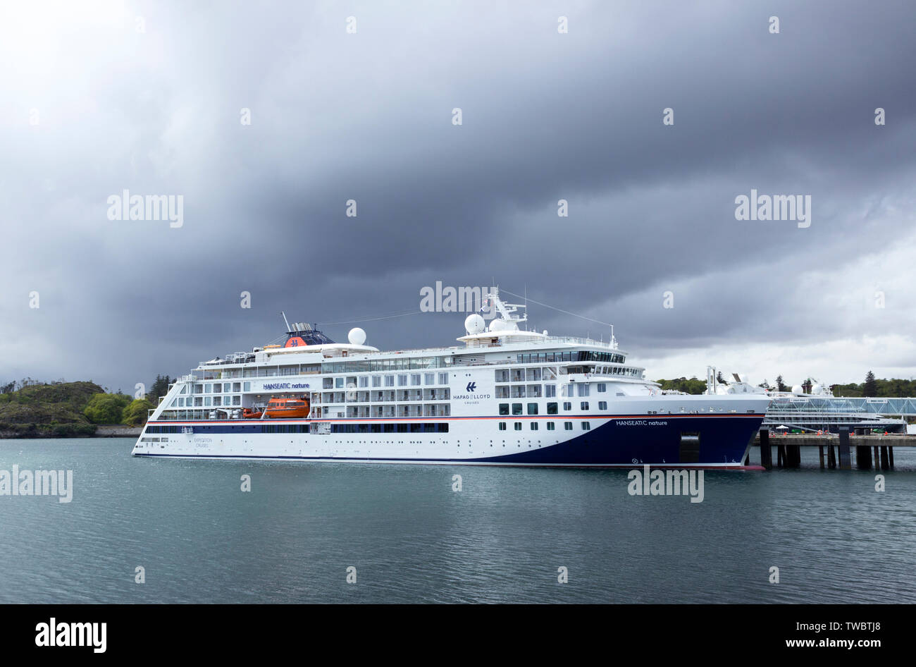 The Cruise Liner MS Hanseatic Nature docked at Stornoway Harbour, Isle of Lewis, Western Isles, Outer Hebrides, Scotland, United Kingdom Stock Photo