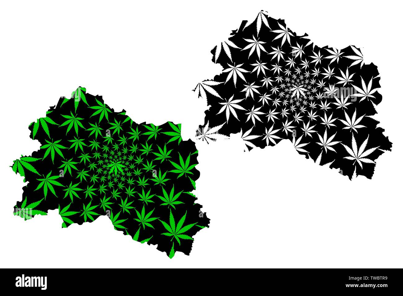 Oryol Oblast (Russia, Subjects of the Russian Federation, Oblasts of Russia) map is designed cannabis leaf green and black, Oryol Oblast map made of m Stock Vector