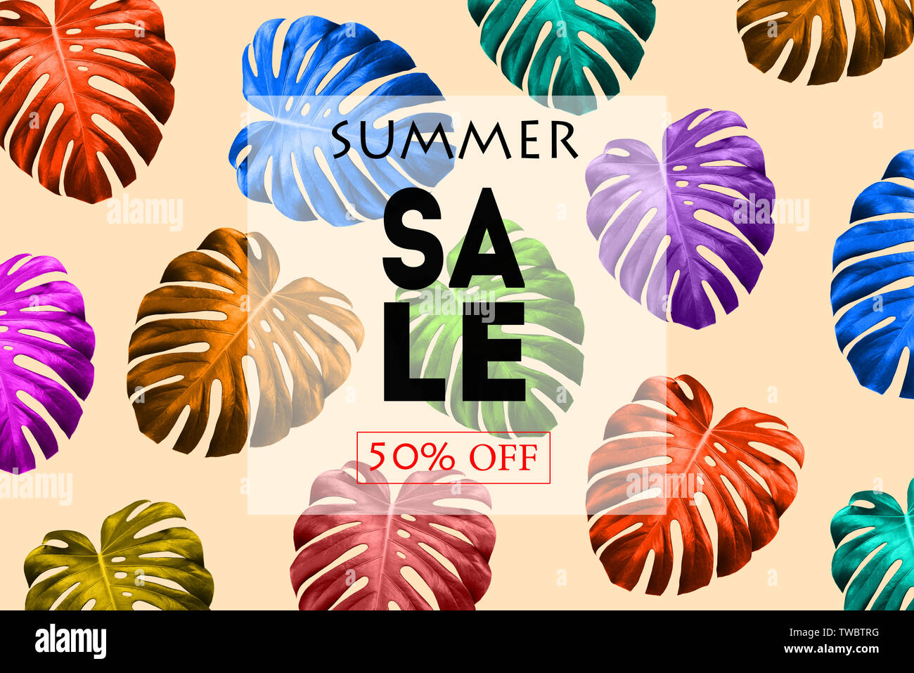 Bright summer sale banner with tropical colorful leaves. Exotic colorful design for flyer, banner, poster, invitation, website or greeting card. Fashi Stock Photo