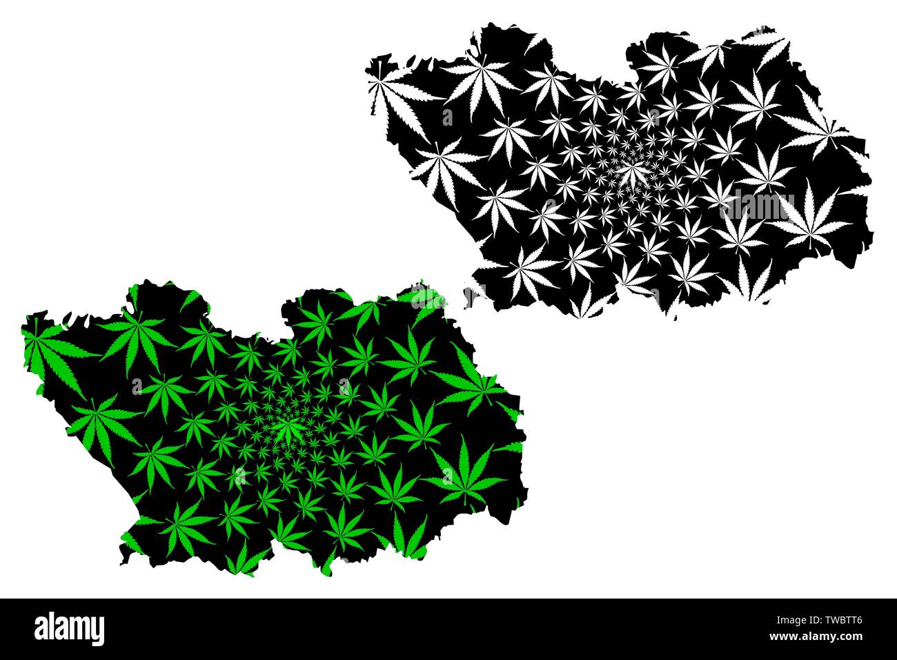 Penza Oblast (Russia, Subjects of the Russian Federation, Oblasts of Russia) map is designed cannabis leaf green and black, Penza Oblast map made of m Stock Vector