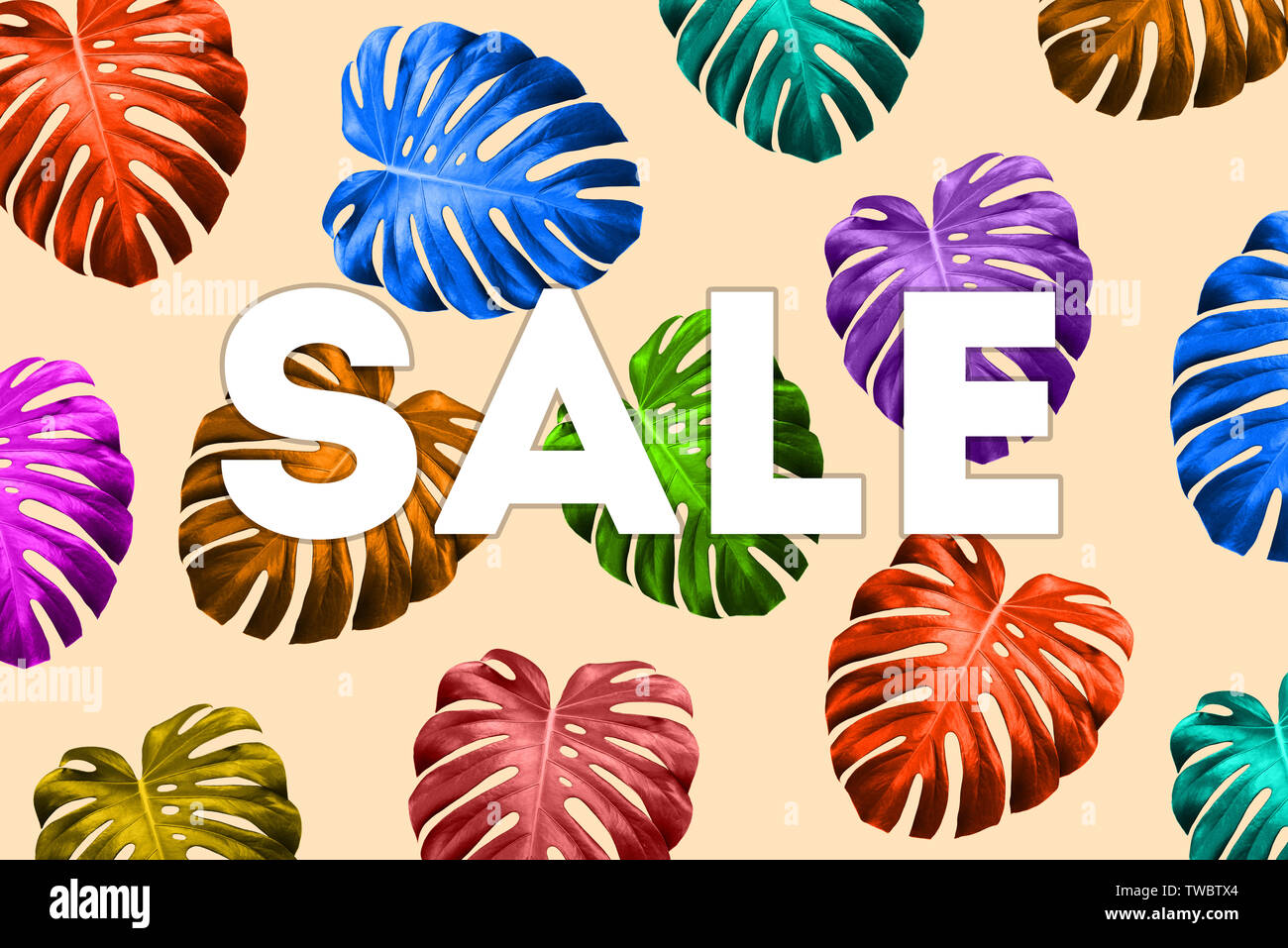 Summer sale banner with tropical colorful leaves, bright design. Fashionable modern style. Template for banner, poster, card, flyer, postcard, brochur Stock Photo