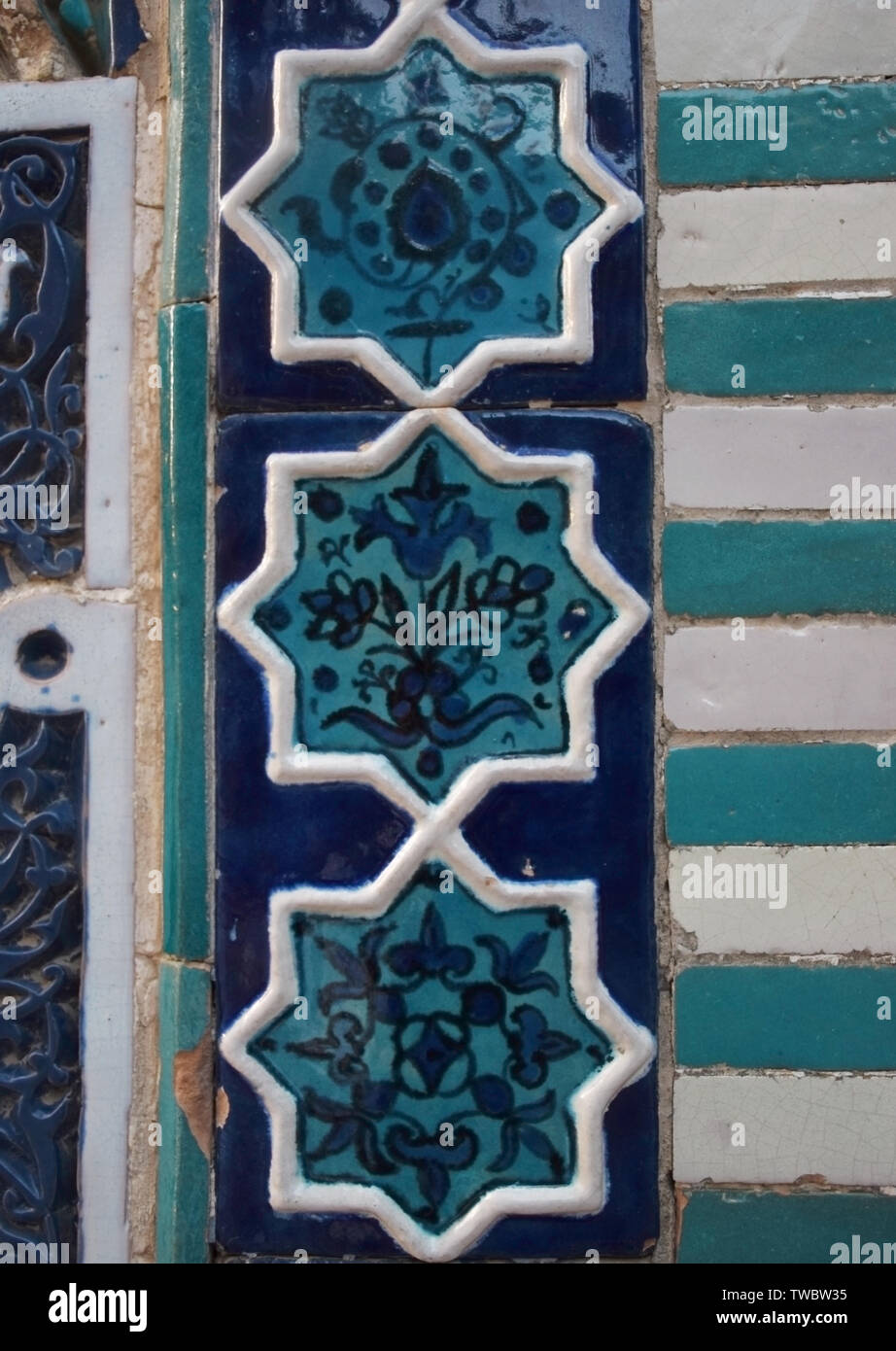 Silk roads oriental pattern of Samarkand Shah-E-Zinda Blue Tiled Majolica. Stock Photo