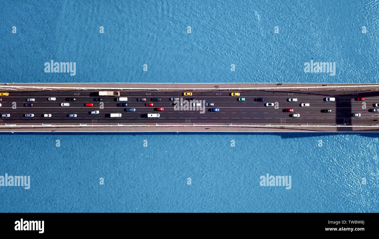 Top down aerial view - Traffic on Elisabeth bridge, Budapest, Hungary. Stock Photo