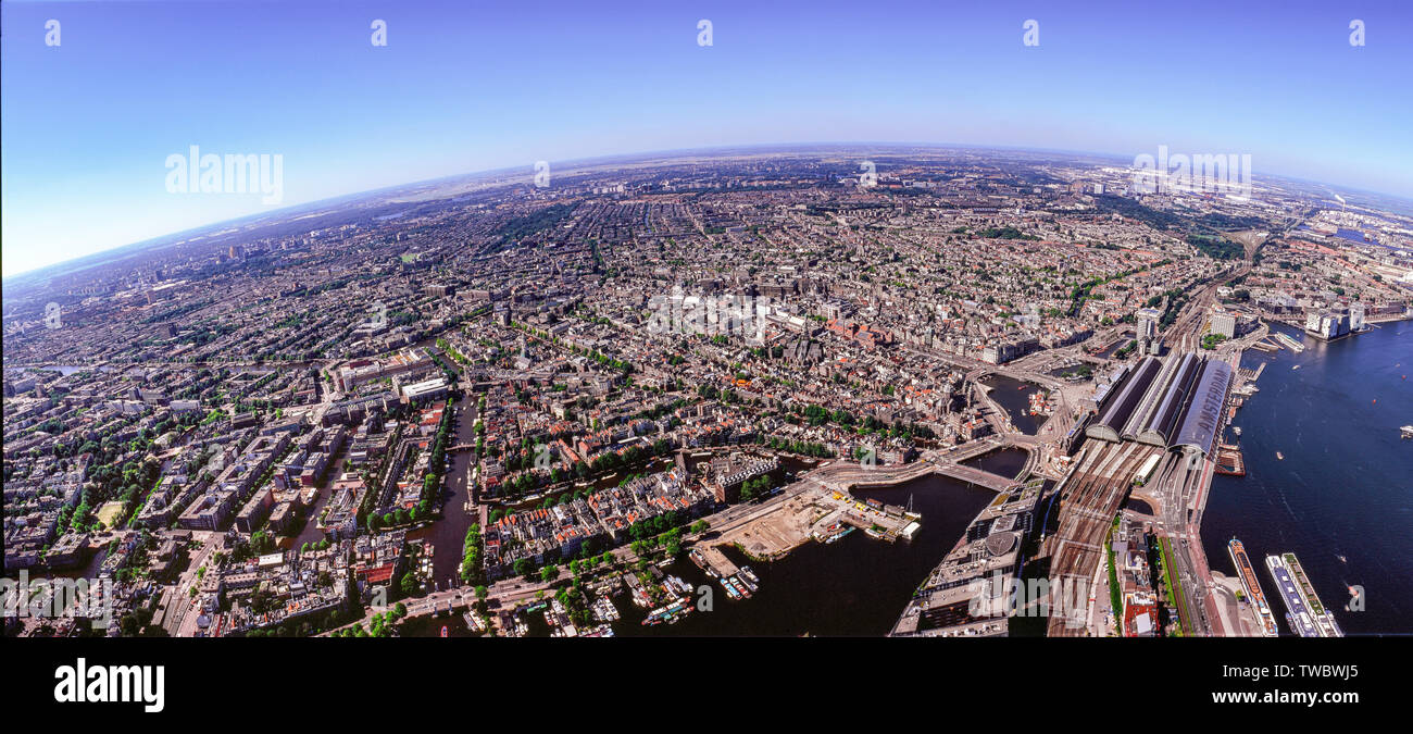 Panorama Aerial of the innercity of Amsterdam with the Central Station, the Netherlands Stock Photo