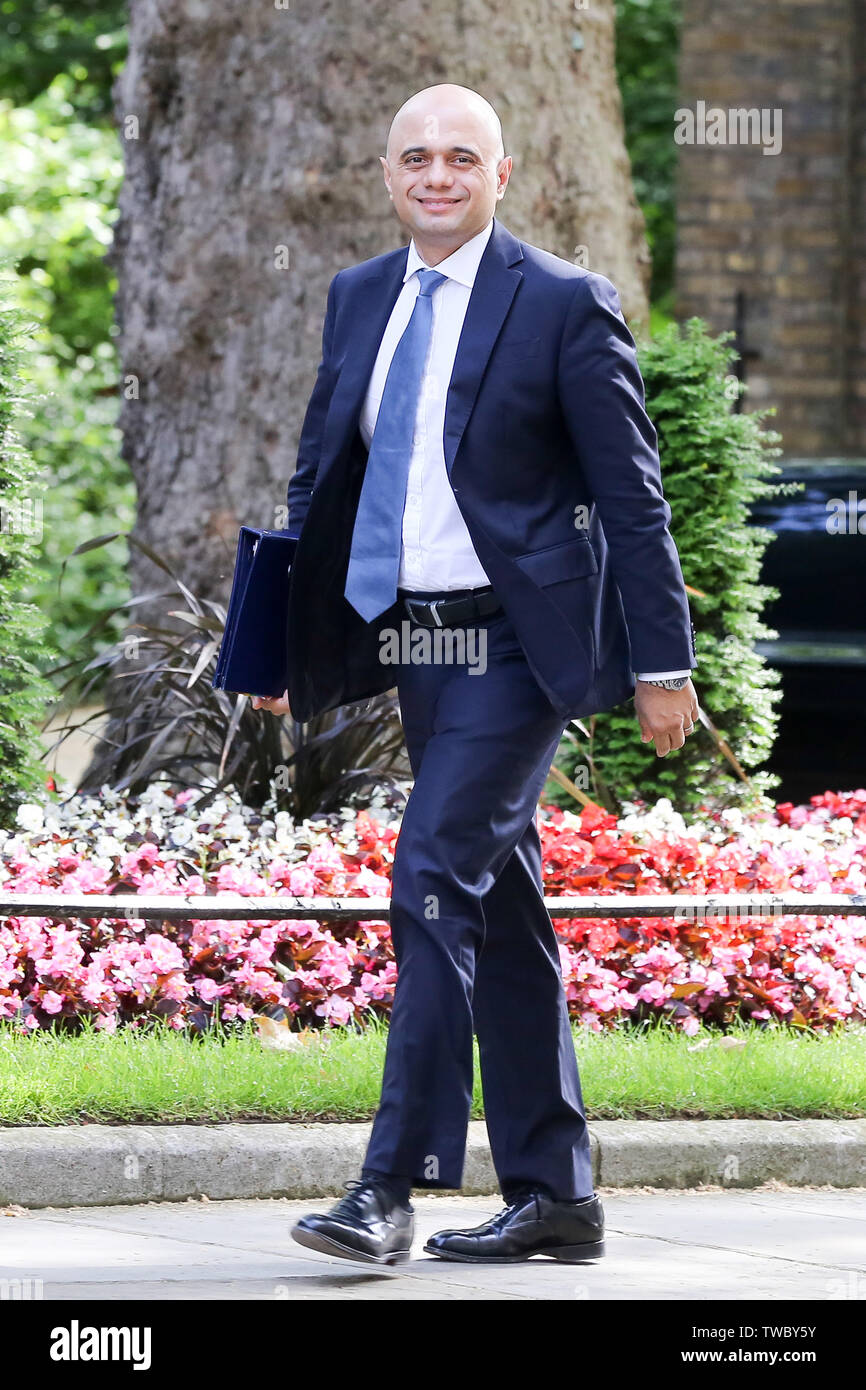 Home Secretary and Conservative Party leadership contender Sajid Javid arrives at Downing Street to attend the weekly Cabinet meeting. Stock Photo