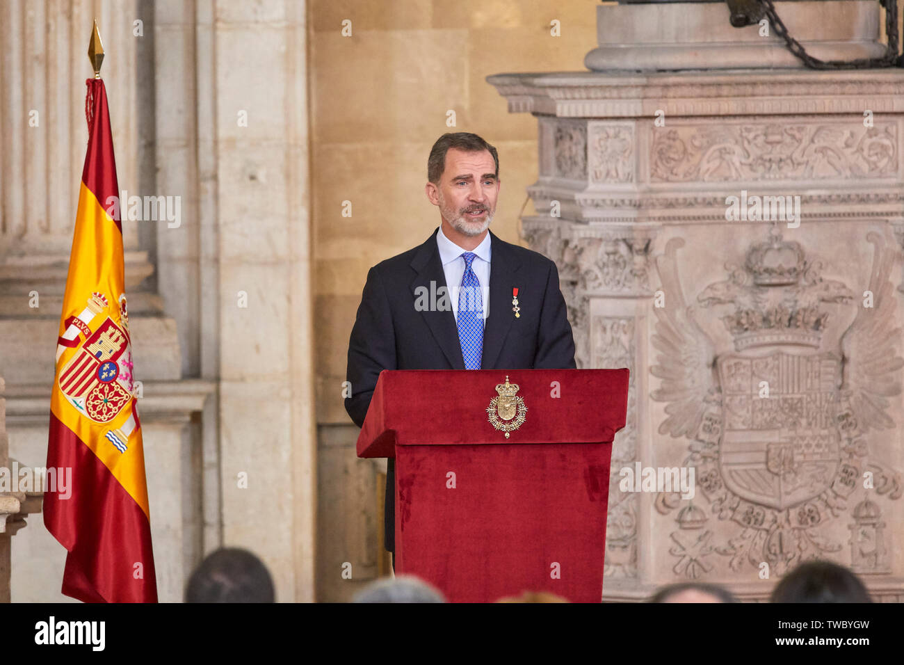 King Felipe VI of Spain speaks during the Imposition of decorations of the Civil Merit Order at the Royal Palace in Madrid. Stock Photo