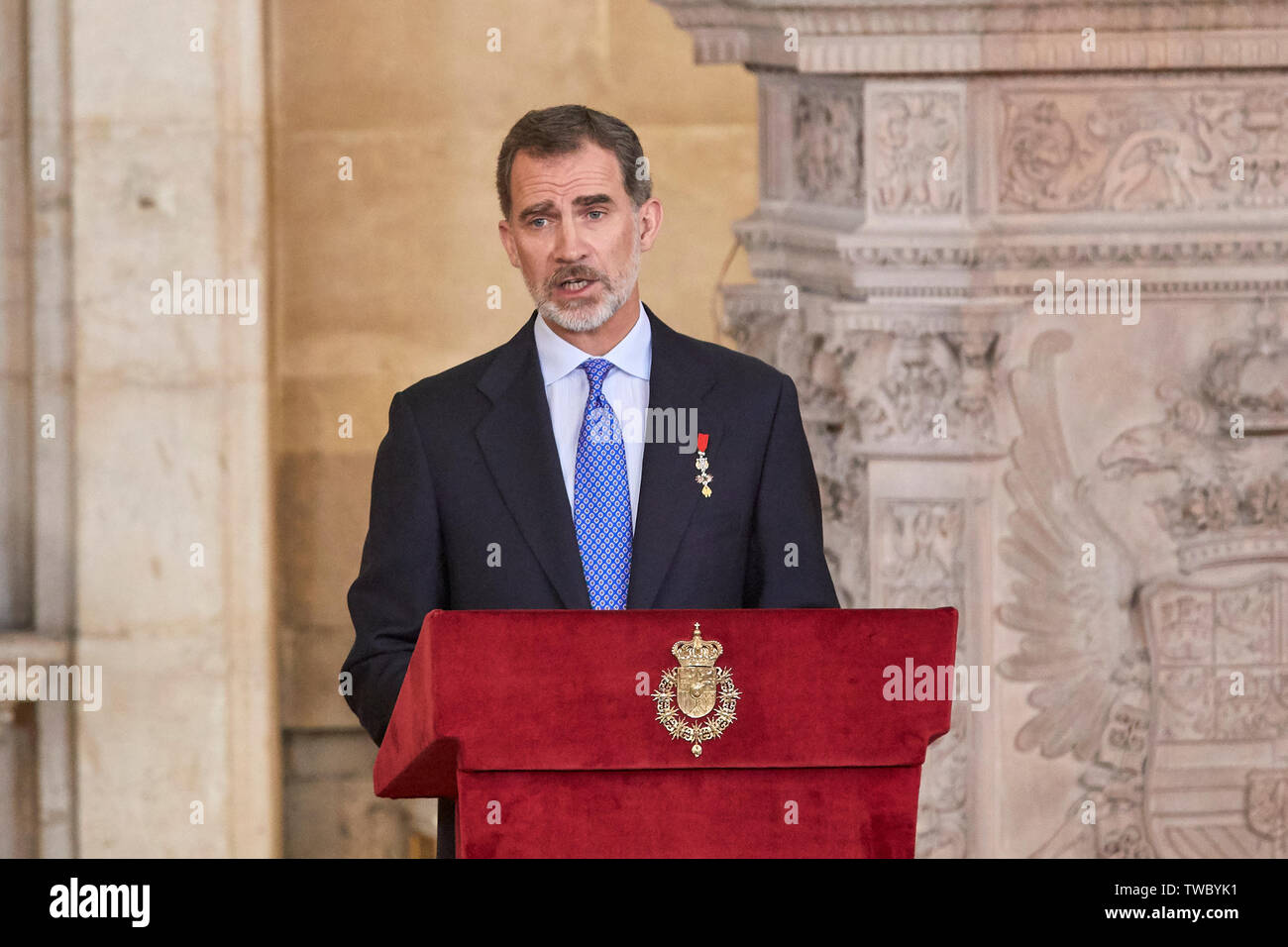 King Felipe VI of Spain speaks during the Imposition of decorations of the Civil Merit Order at the Royal Palace in Madrid. Stock Photo
