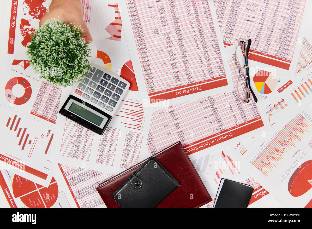 Flat top view of businessman working and calculating finance, reads and ...
