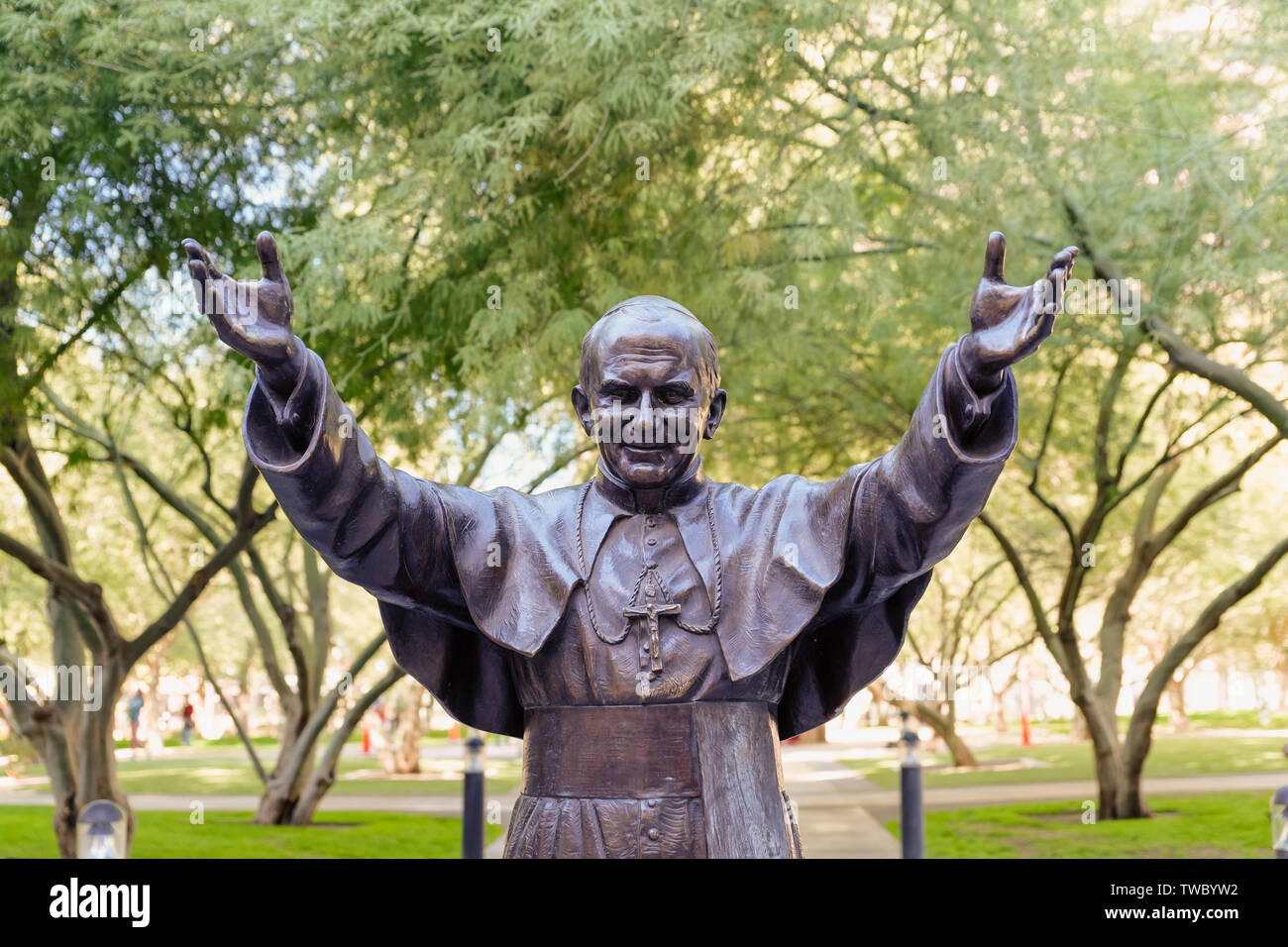 Phoenix, AZ - November 25, 2017: This statue of Pope John Paul II near St Mary's Basilica was cast in Pietrasantre, Italy to commemorate his visit to Stock Photo