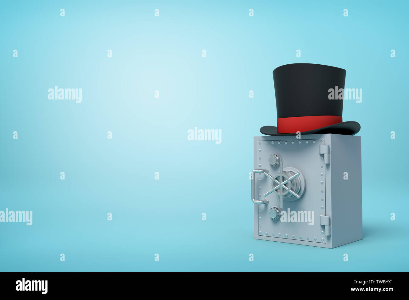 3d close-up rendering of closed grey metal safe with black top hat on top on light-blue background with copy space. Wealth accumulation. Well-to-do li Stock Photo