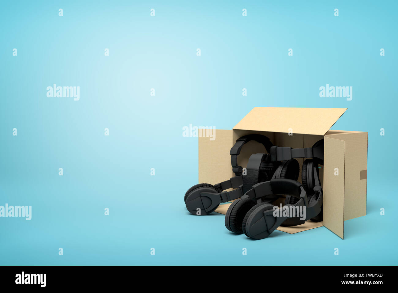 3d rendering of open cardboard box lying sidelong with black headphones inside on light-blue background with copy space. Music store. Shopping with au Stock Photo