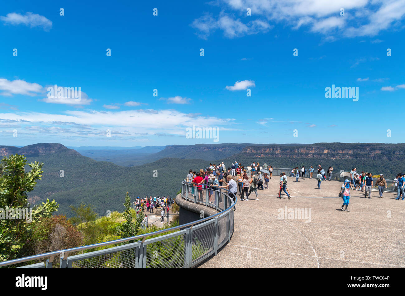 Tourists at The Three Sisters Lookout at Echo Point, Blue Mountains, Katoomba, New South Wales, Australia Stock Photo