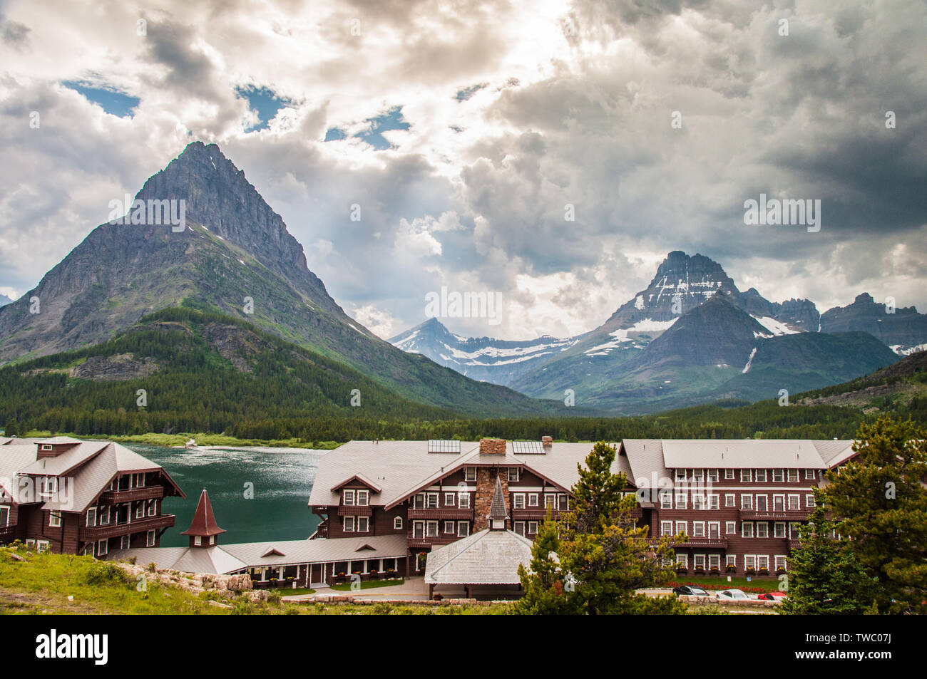 Browning, MT - July 10, 2010: Many Glacier Hotel is located on Swiftcurrent Lake in Glacier National Park Stock Photo