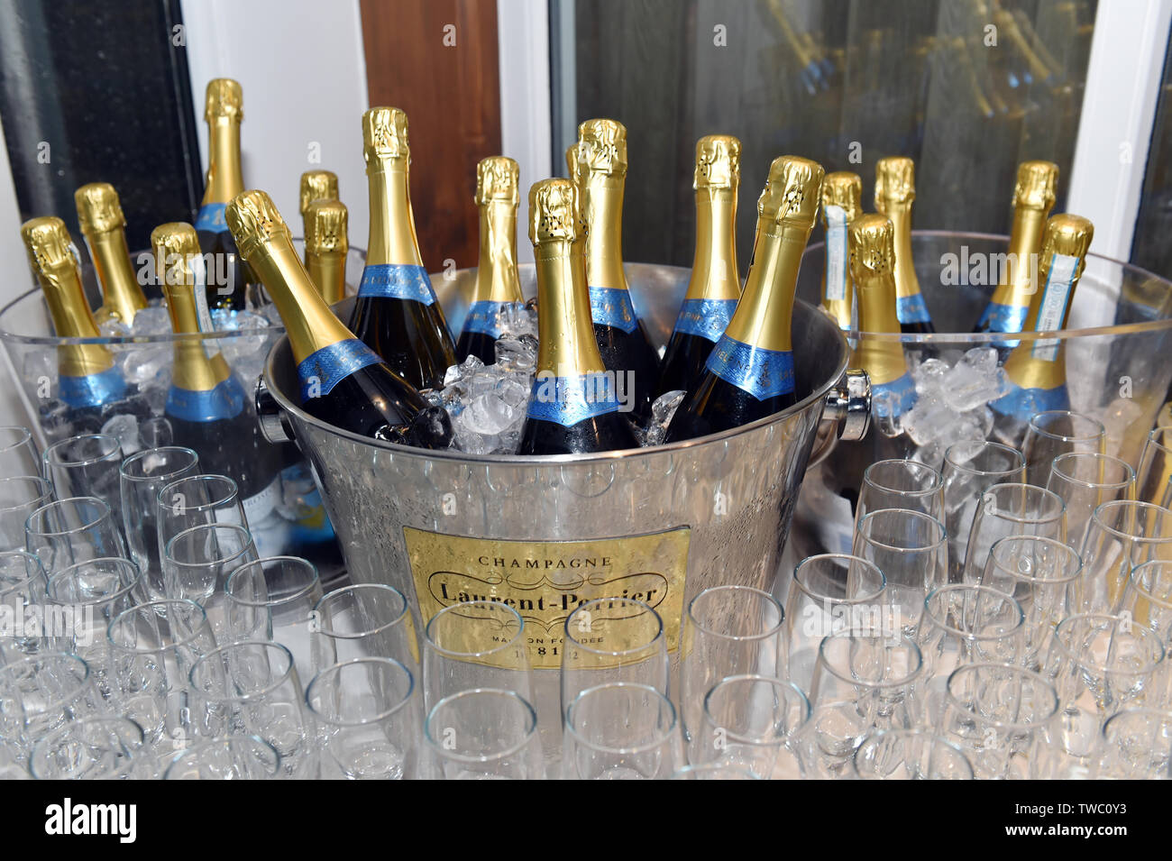 Champagne bucket and glasses Stock Photo