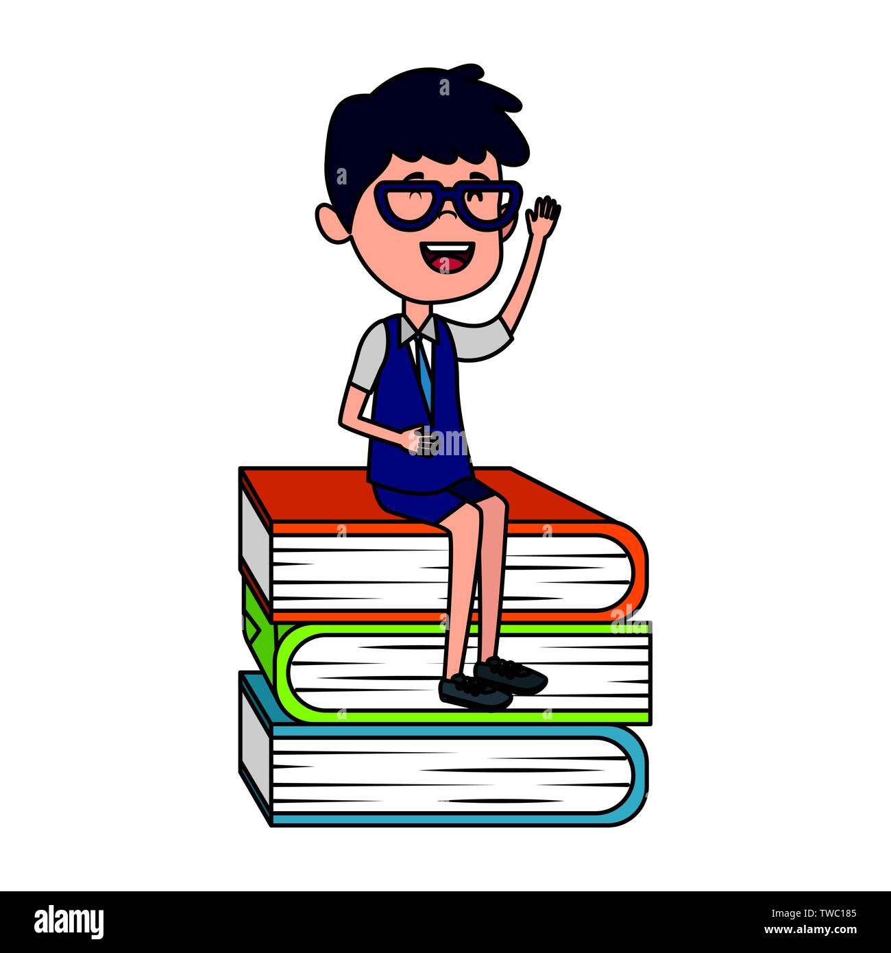 Happy Student Boy Seated In Pile Books Stock Vector Image Art Alamy