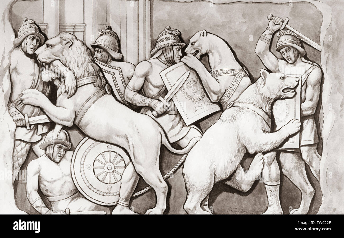 Roman gladiators fighting wild animals.  After a work by J. Macfarlane. From a contemporary print c.1935. Stock Photo