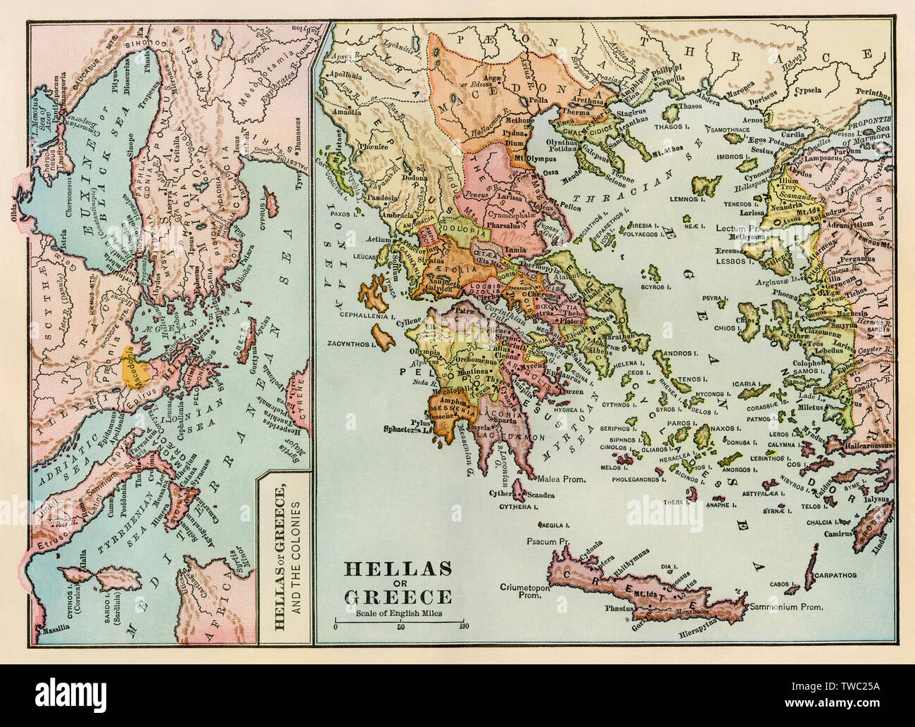 Map of ancient Greece and the Greek empire. Color lithograph Stock Photo