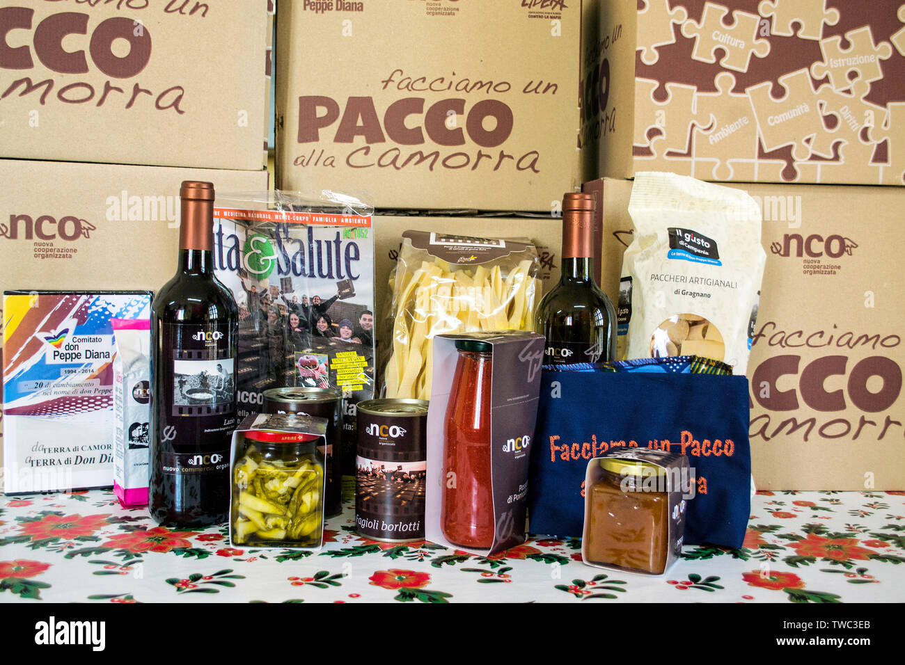 Facciamo un pacco alla Camorra is a cultural project promoted by the Don Peppe Diana Committee, in collaboration with Libera Association against mafia Stock Photo