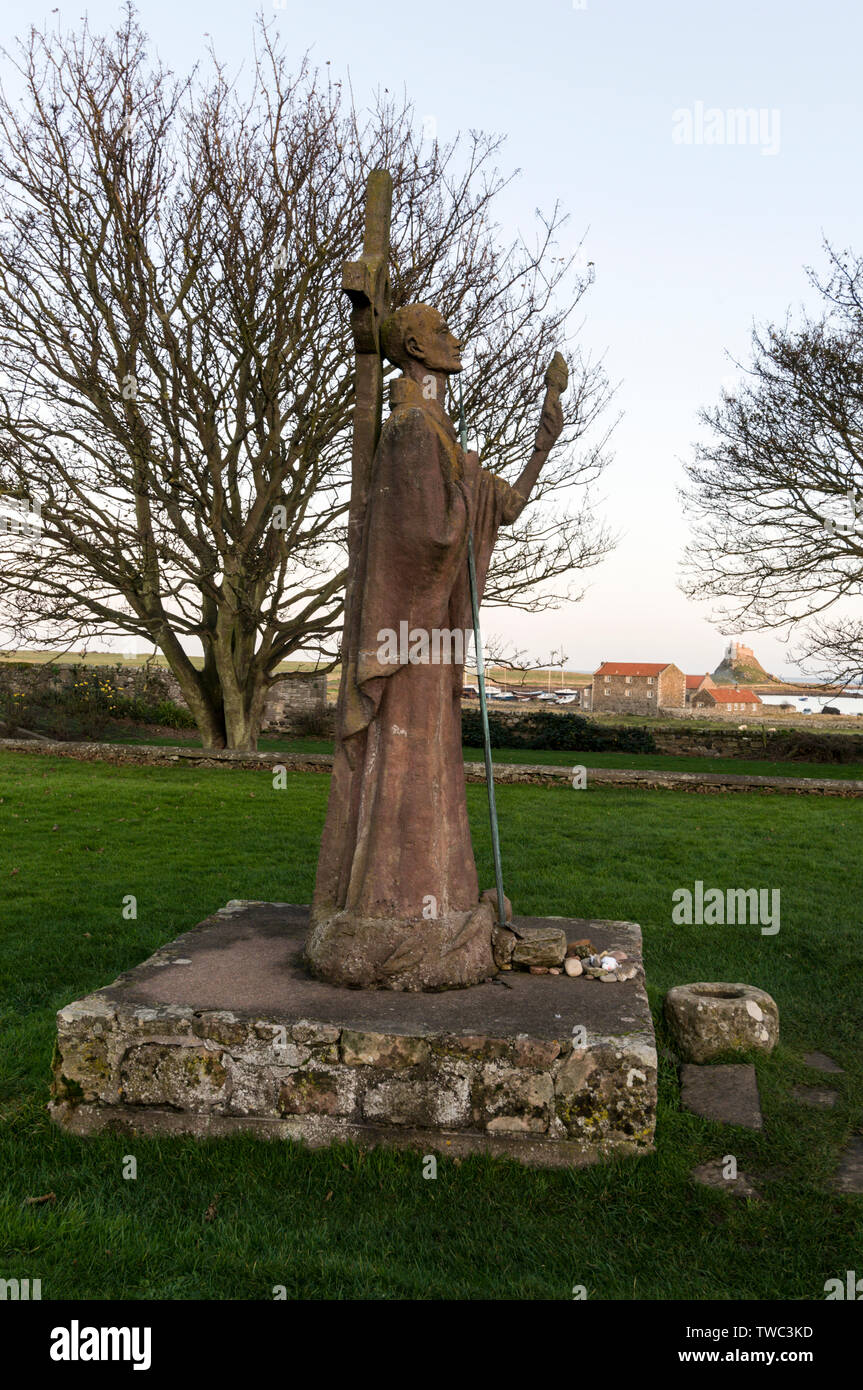 Statue of St.Aidan erected in his honour in the grounds of Lindisfarne
