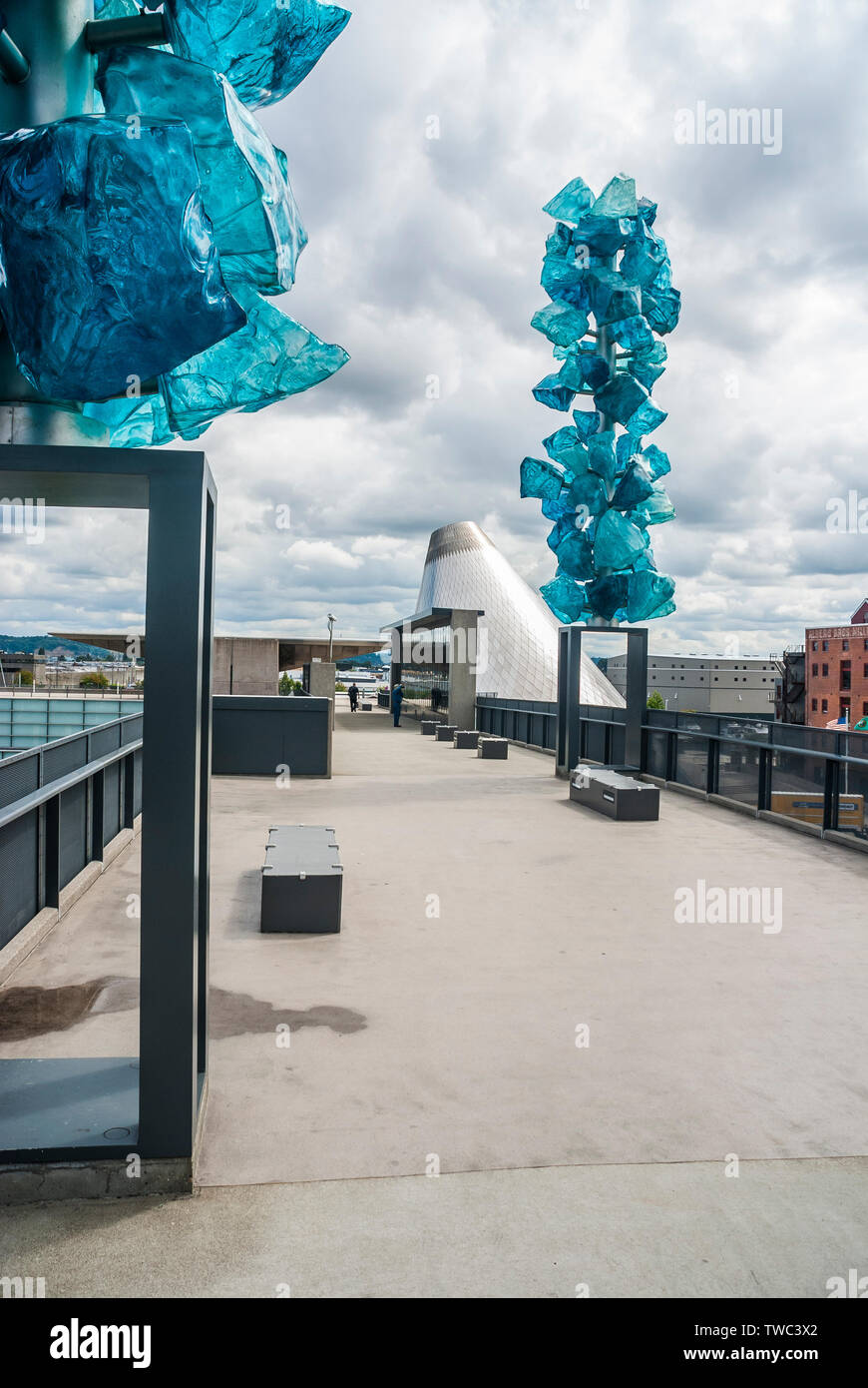 View east on the Bridge of Glass spanning the 705 Freeway toward the Museum of Glass in Tacoma, Washington. Stock Photo