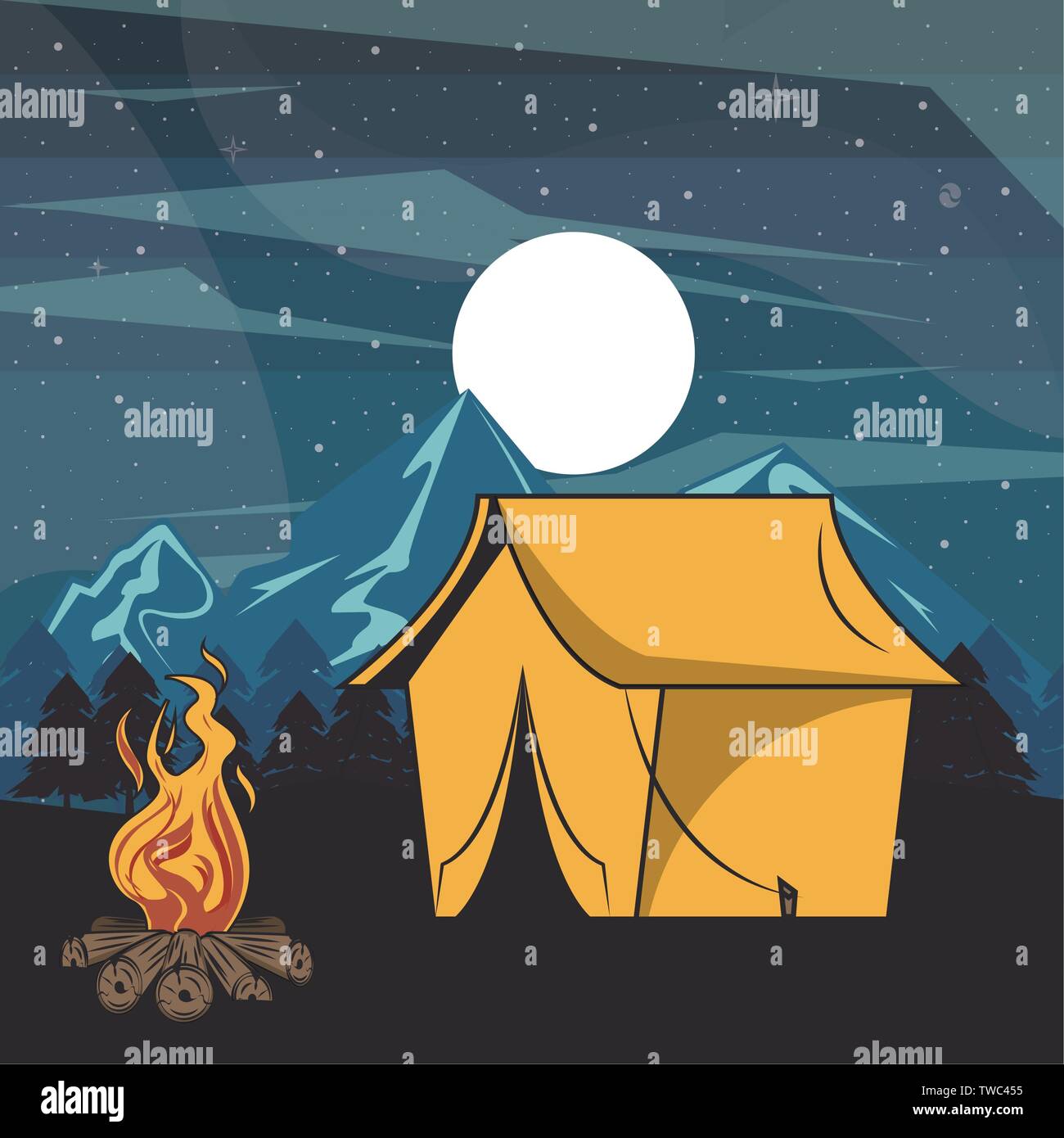 Camping adventure in forest at night scenery Stock Vector Image & Art ...