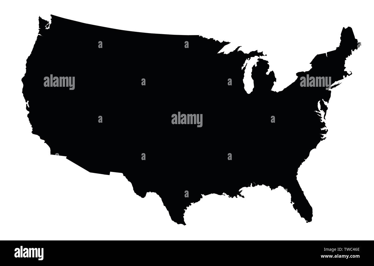A black silhouette map of The United States of America over a white ...