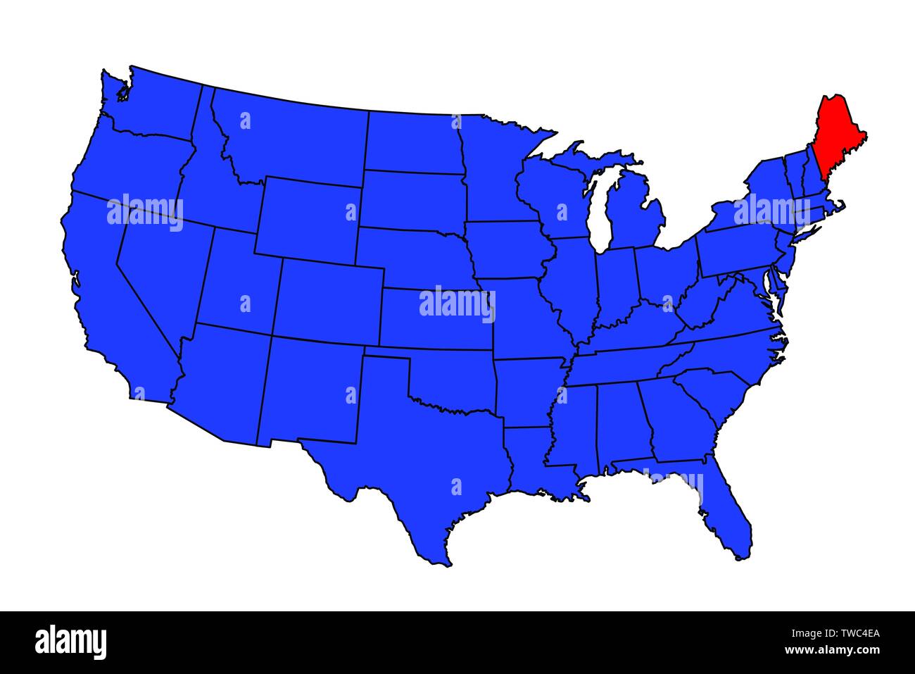 Maine state outline and silhouette inset into a map of The United States of America Stock Vector