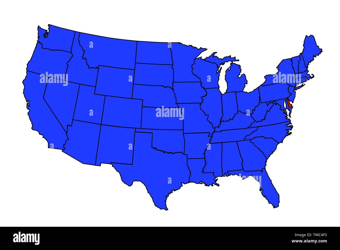 Delaware state outline and silhouette set into a map of The United