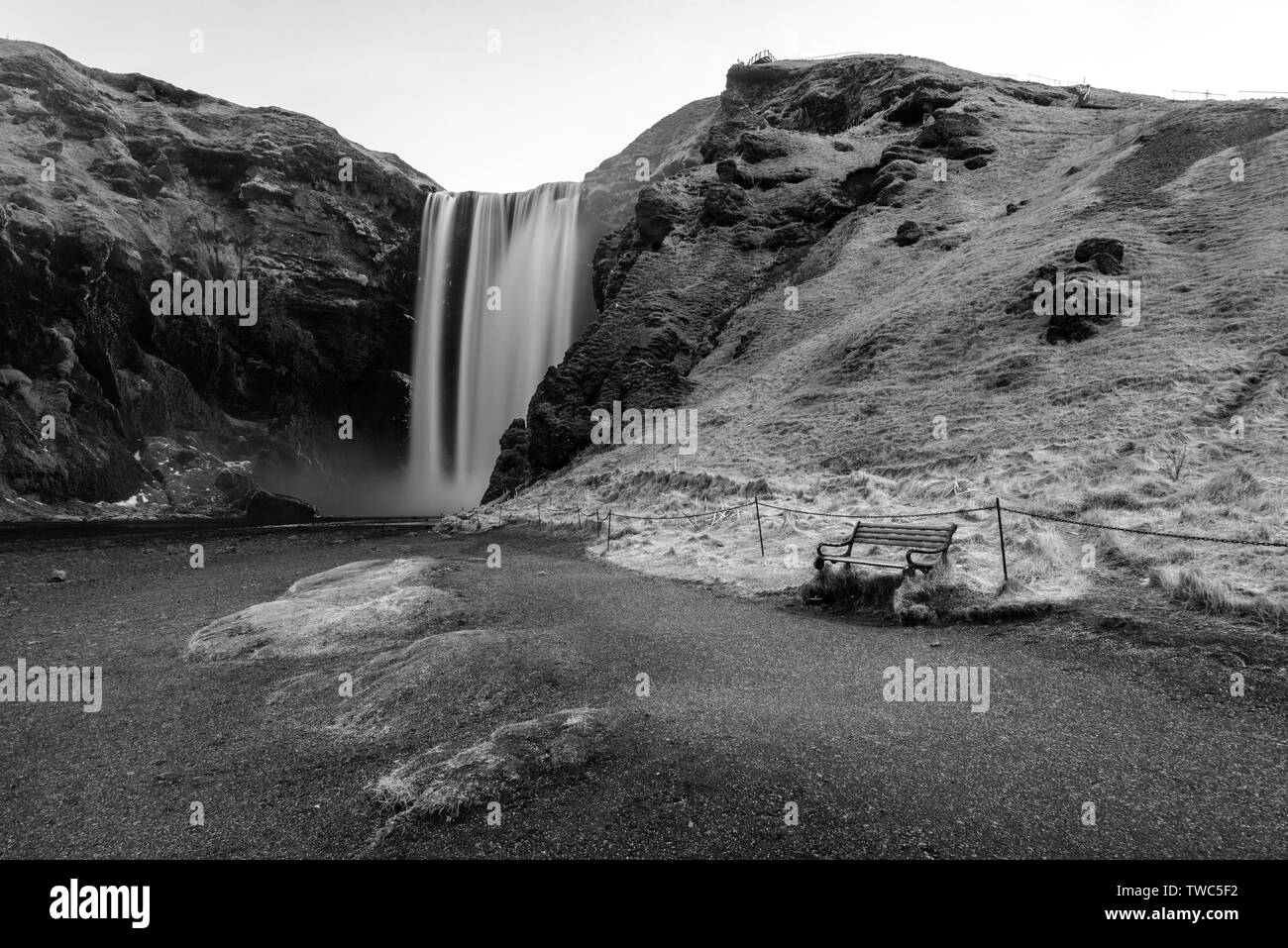 Skogafoss is one of Iceland’s biggest and most beautiful waterfalls with an astounding width of 25 meters and a drop of 60 meters, located in South Ic Stock Photo